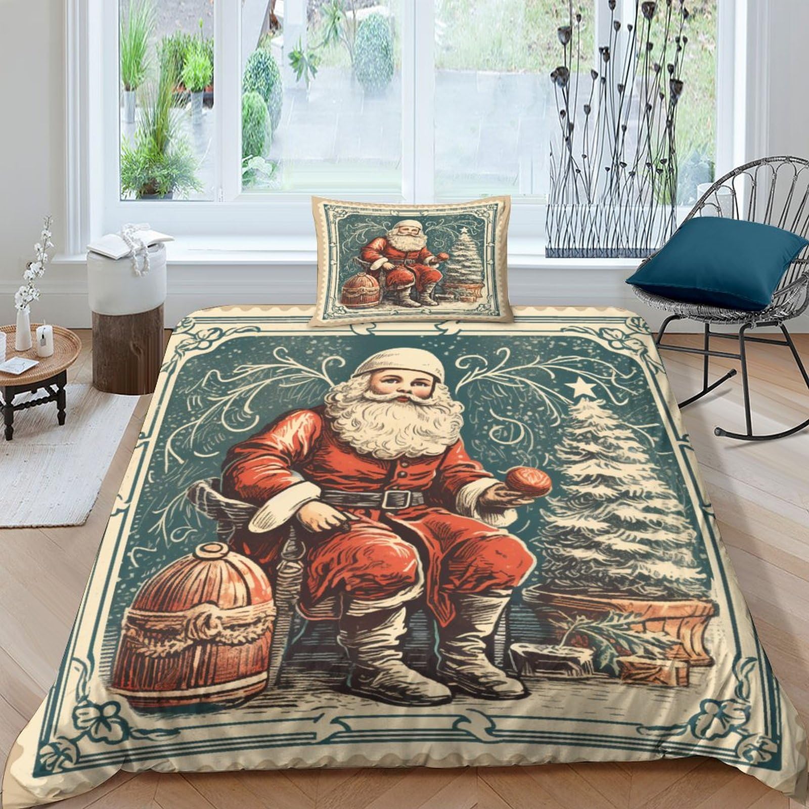 Housse de couette Noël vintage 3D en microfibre avec taies d'oreiller lit simple 135x200cm
