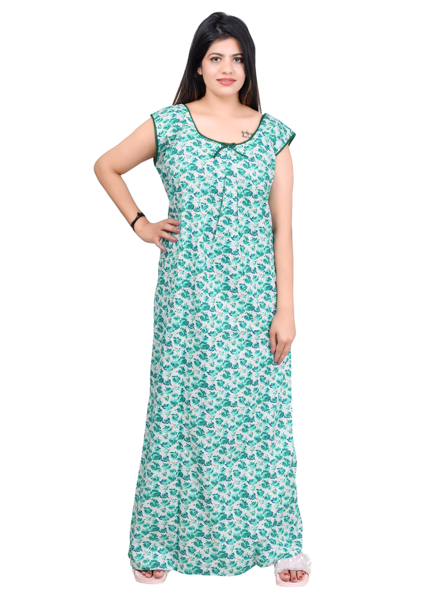 Magnen Women's Pure Cotton Green Rose Printed Sleeveless Maxi Nighty Dresses (Free Size)