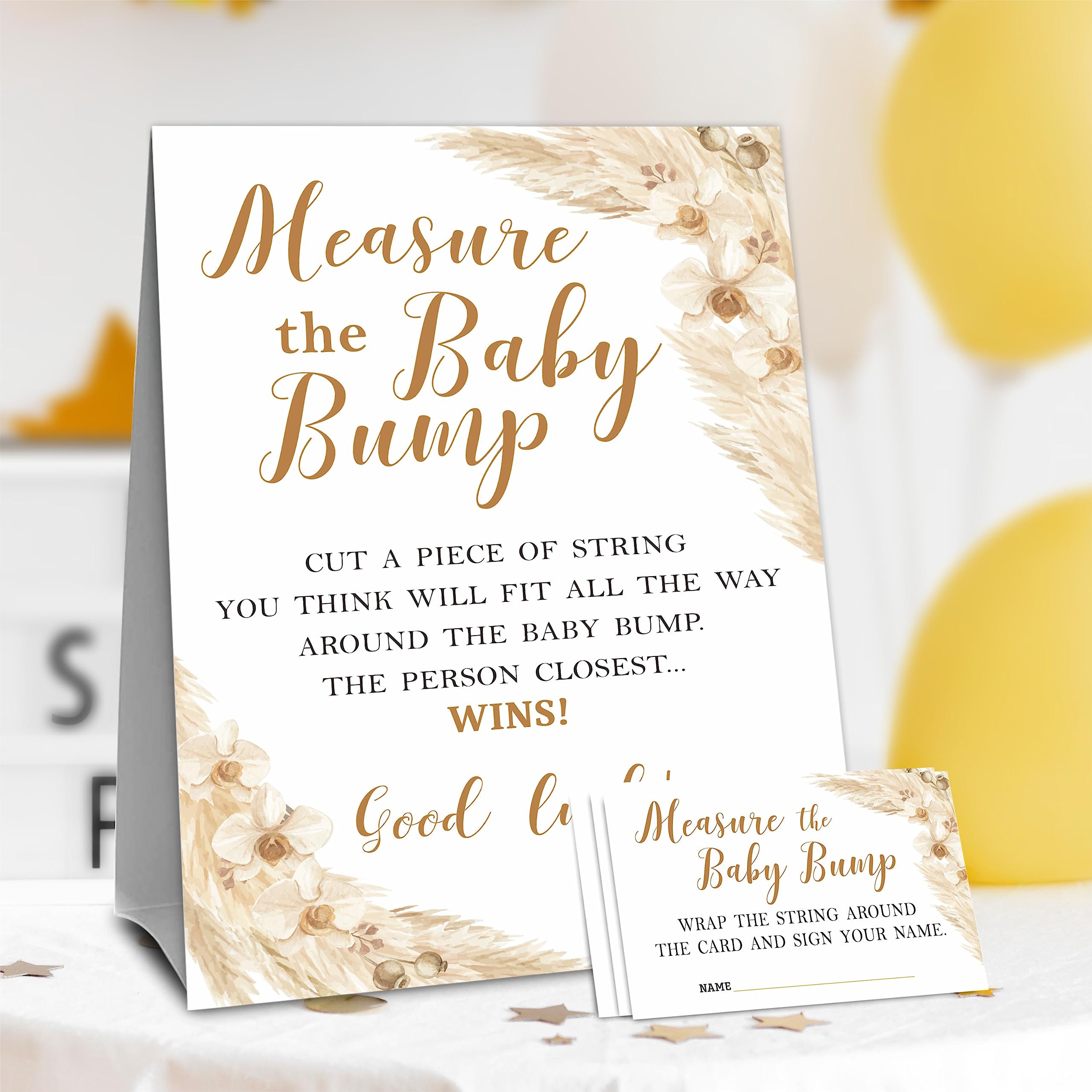 Boho Baby Shower Measure The Baby Bump, zestaw do gry w brzuch mamy - 1 samodzielny znak i 50 biletów - ujawnienie płci, baby shower, ogłoszenie dziecka i artykuły imprezowe - A02