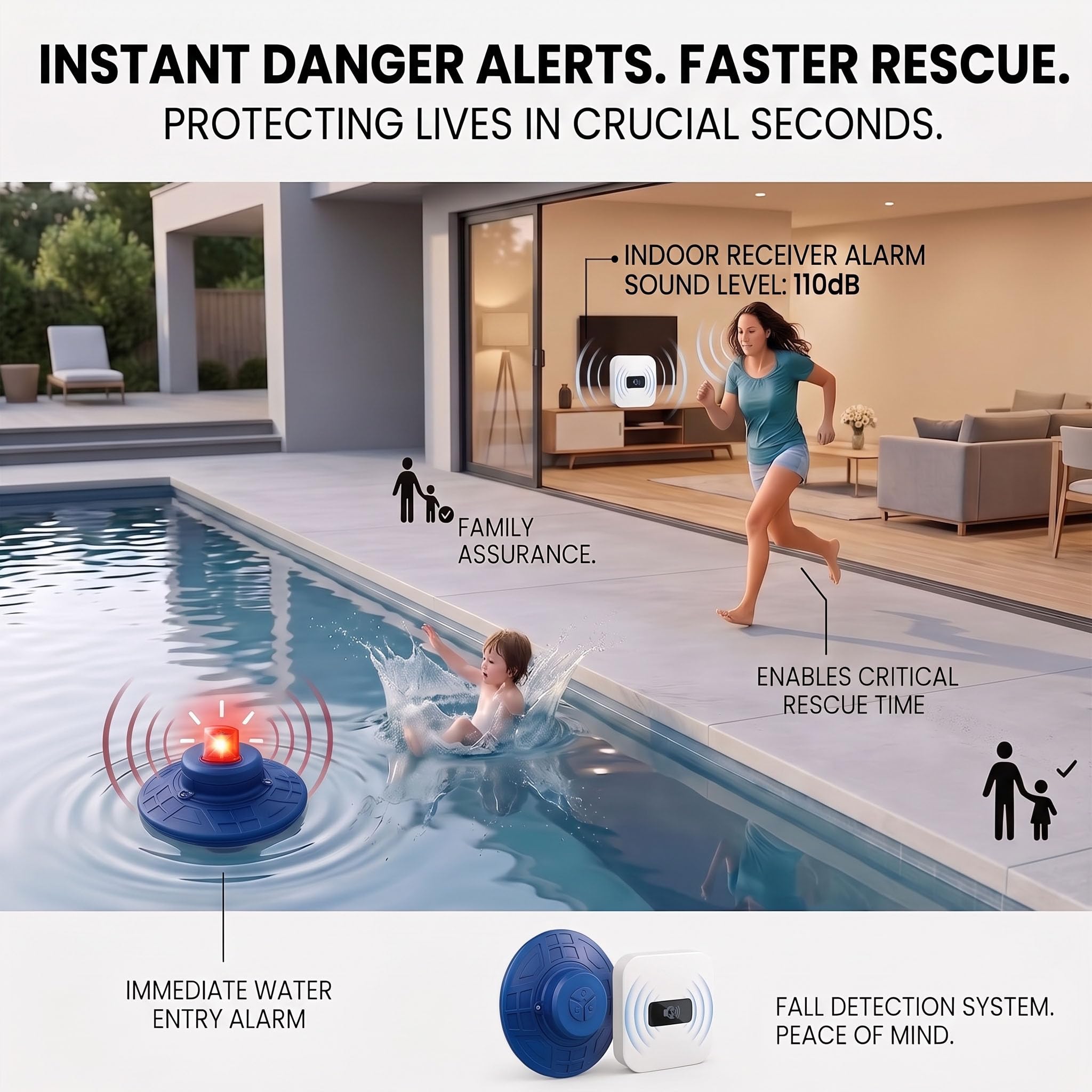 Alarme de piscine flottante avec récepteur intérieur, 85 dB ultra fort détecteur de mouvement pour piscines creusées et hors sol – Sensibilité réglable pour la sécurité des enfants et des animaux