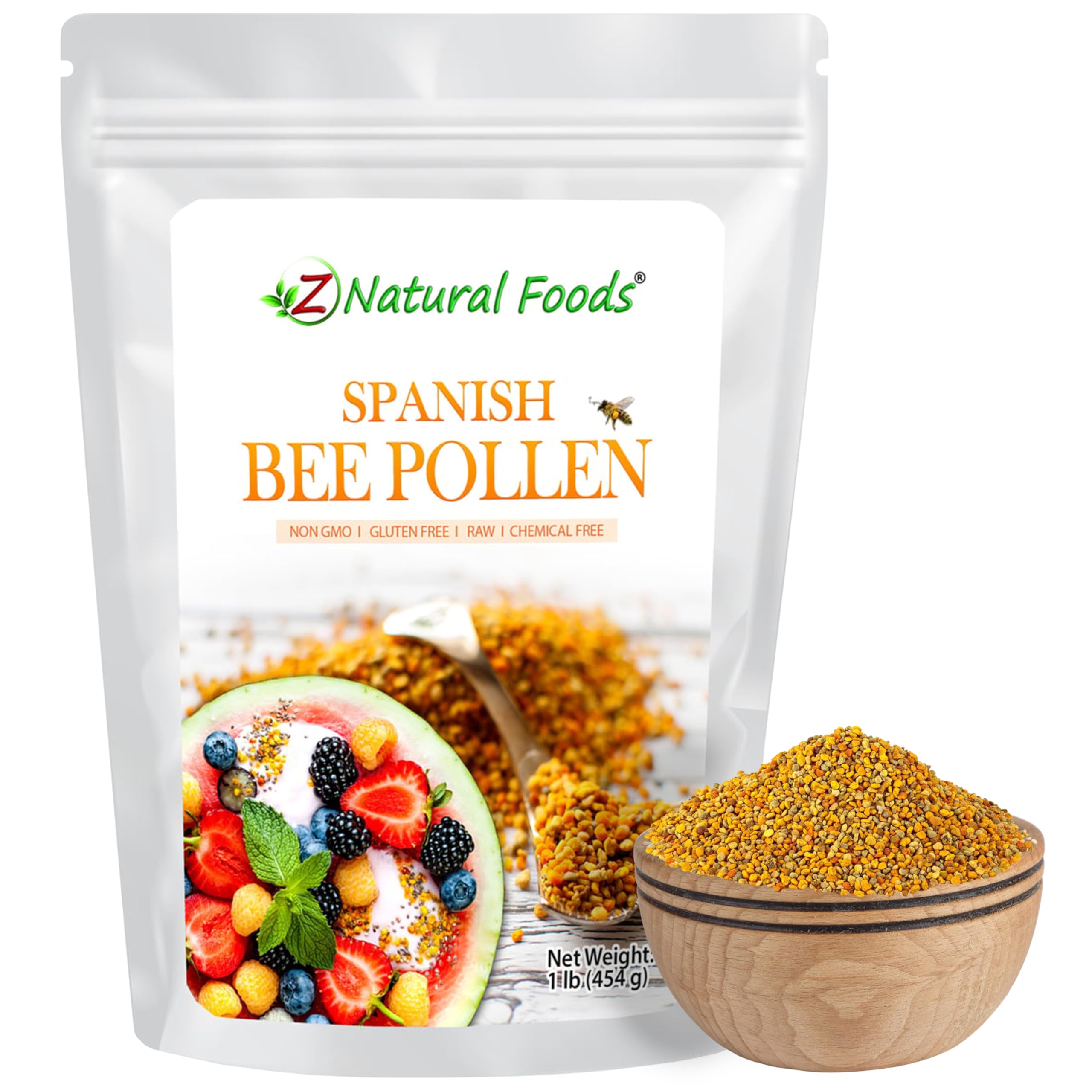 Z Natural Foods Spanish Bee Pollen Granules - Pure & Raw Pollen Granule, Product of Spain - Nutrient-Dense for Energy & Immune Support - Aromatic Sweet Flavor, Sprinkle on Salads & Smoothies, 1lb