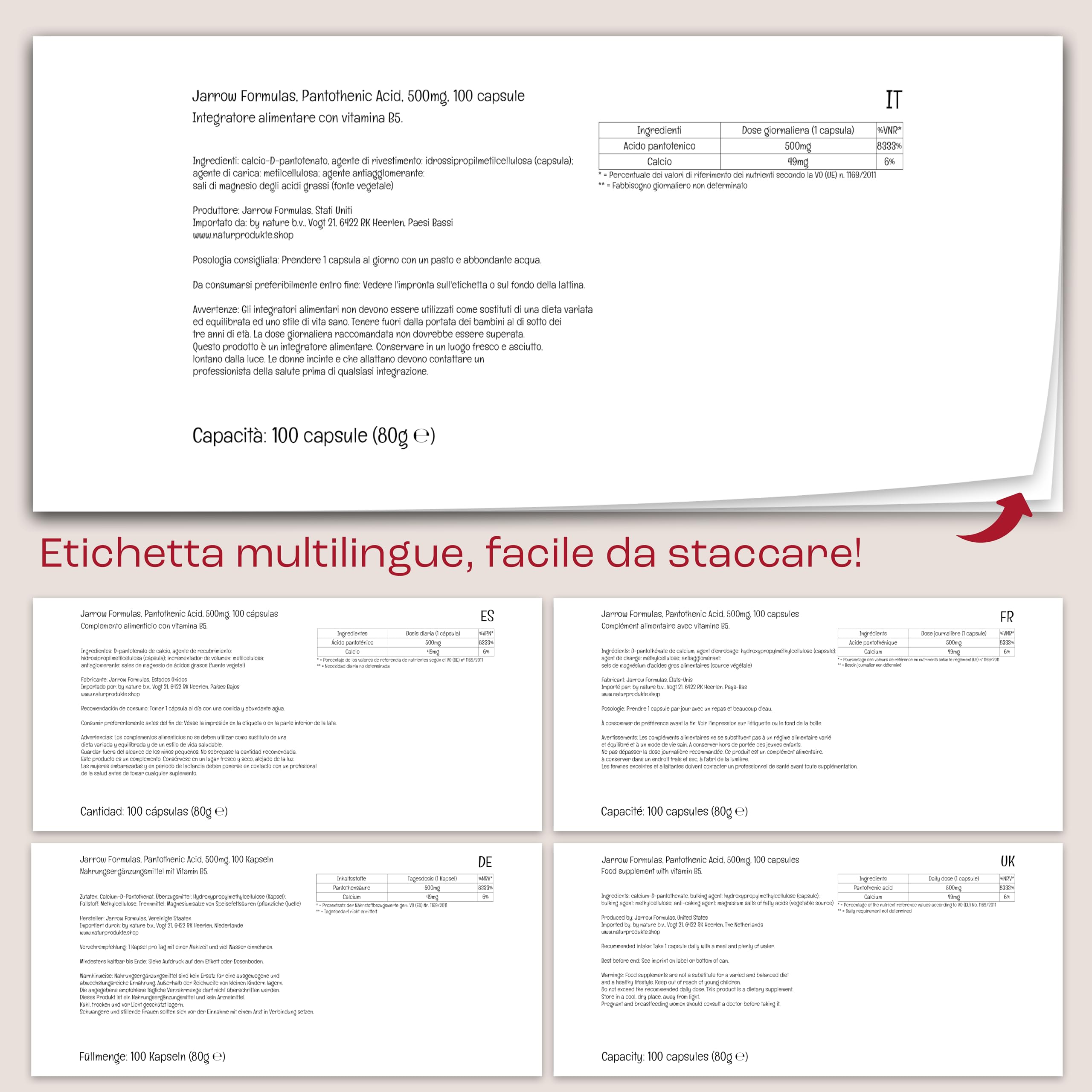 Jarrow Formulas, Pantothenic Acid (Acido Pantotenico), 500mg, Vitamina B5, 100 Capsule vegane, Testato in Laboratorio, Senza Glutine, Senza Soia, Vegetariano, Non OGM