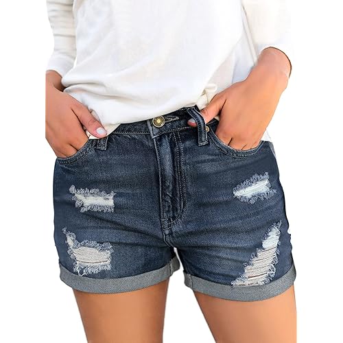 LookbookStore Women's High Waisted Rolled Hem Distressed Jeans Ripped Denim Shorts