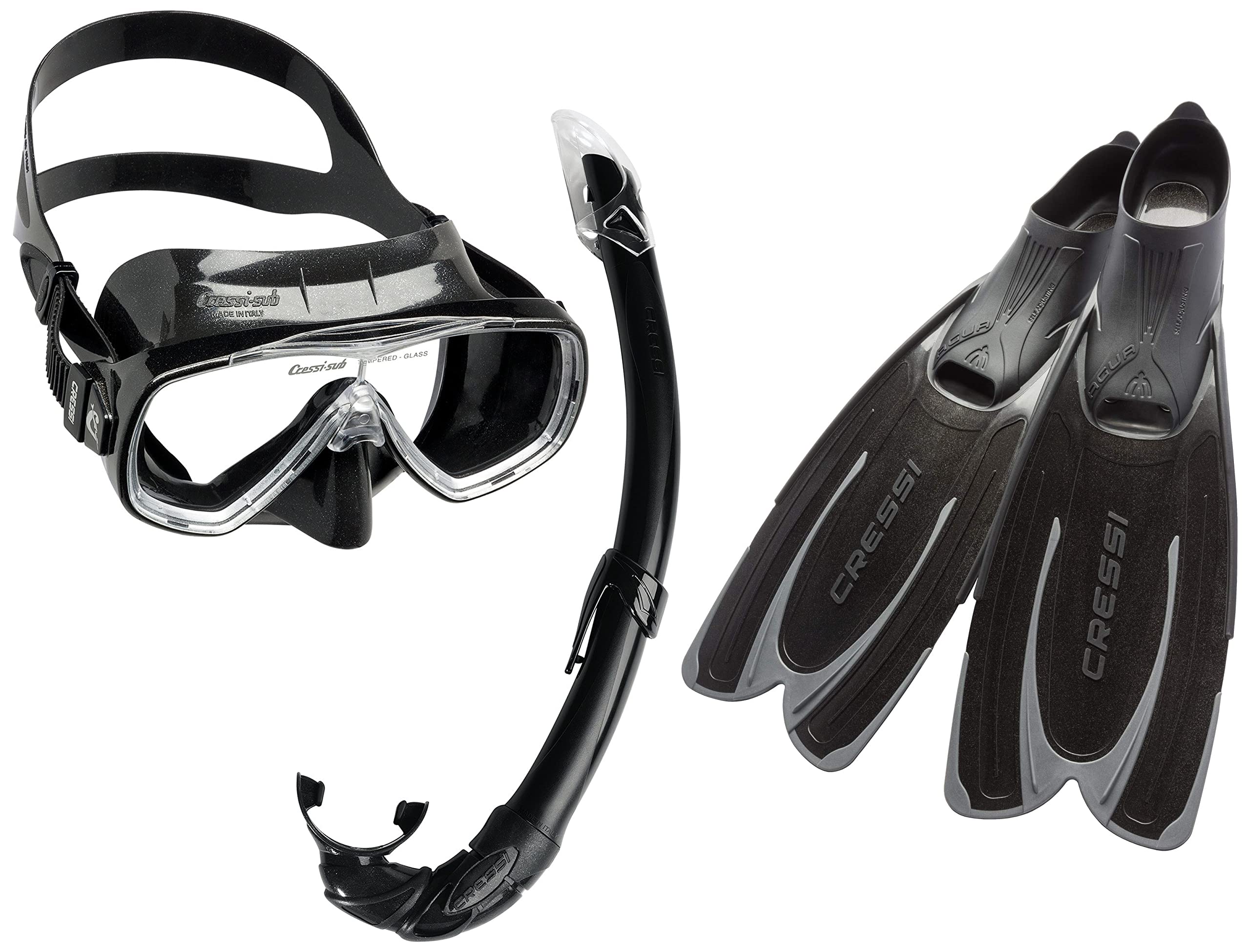 Cressi Agua - Unisex Premium Flossen Self Adjusting zum Tauchen, Apnoe, Schnorcheln und Schwimmen, Schwarz, 43/44 & Unisex-Erwachsene Onda Mare Schnorchelset Tauchset Taucherbrille, Schwarz