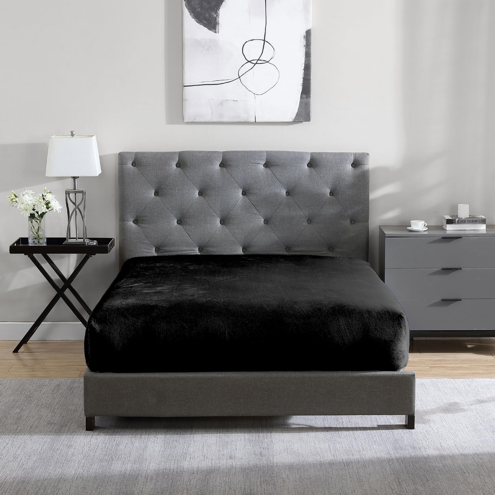 Cathay Home Twin Flannel-Plush Fur Fitted Sheet - Ultra Soft & Thick Plush Fur - All Season Cozy Warmth - 12" Deep Pocket Fitted Sheet Only (Twin, Black)