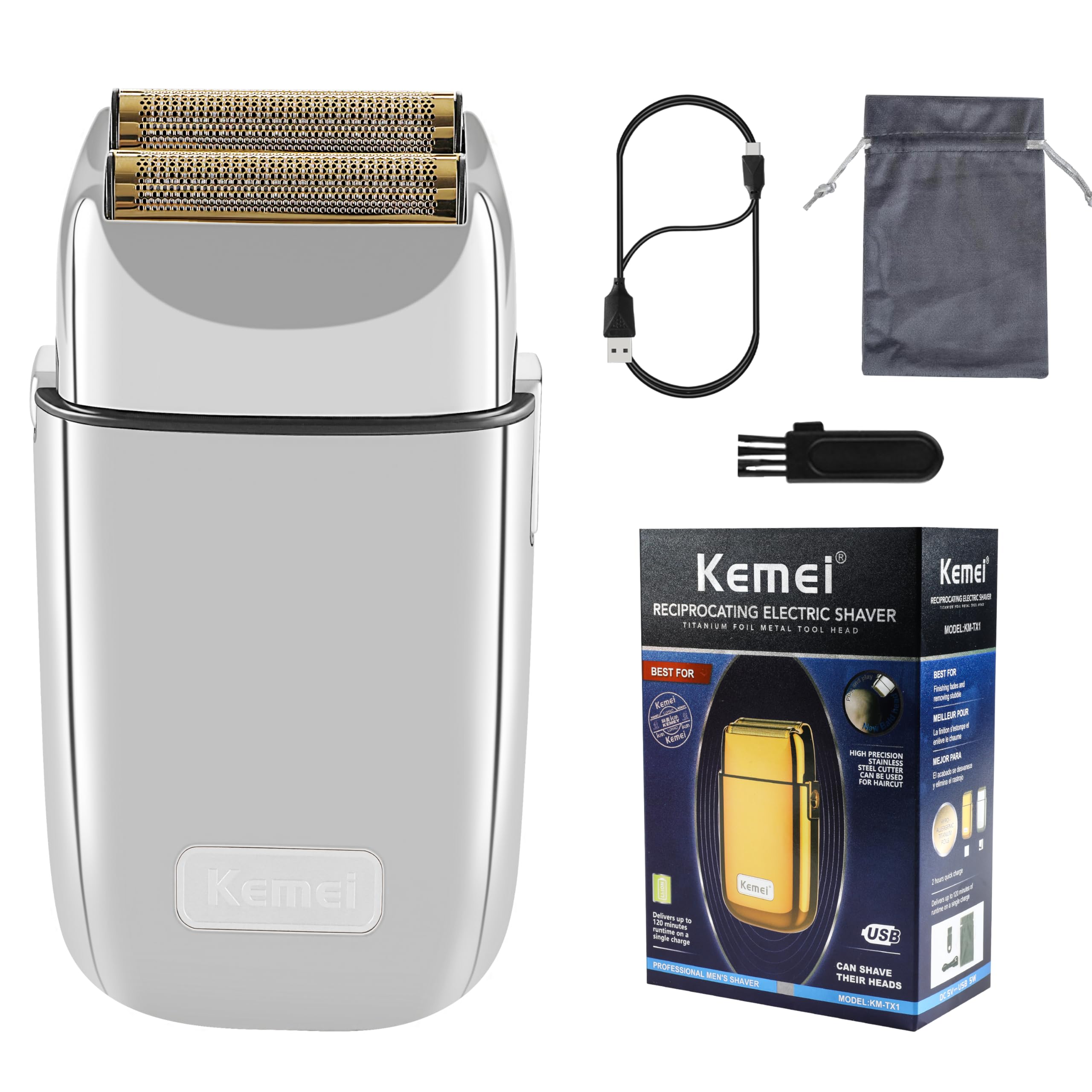KM-TX1 Men's Metal Double Electric Razor, Cordless Type-C Rechargeable for Wet/Dry Close Shaving (Silvery)