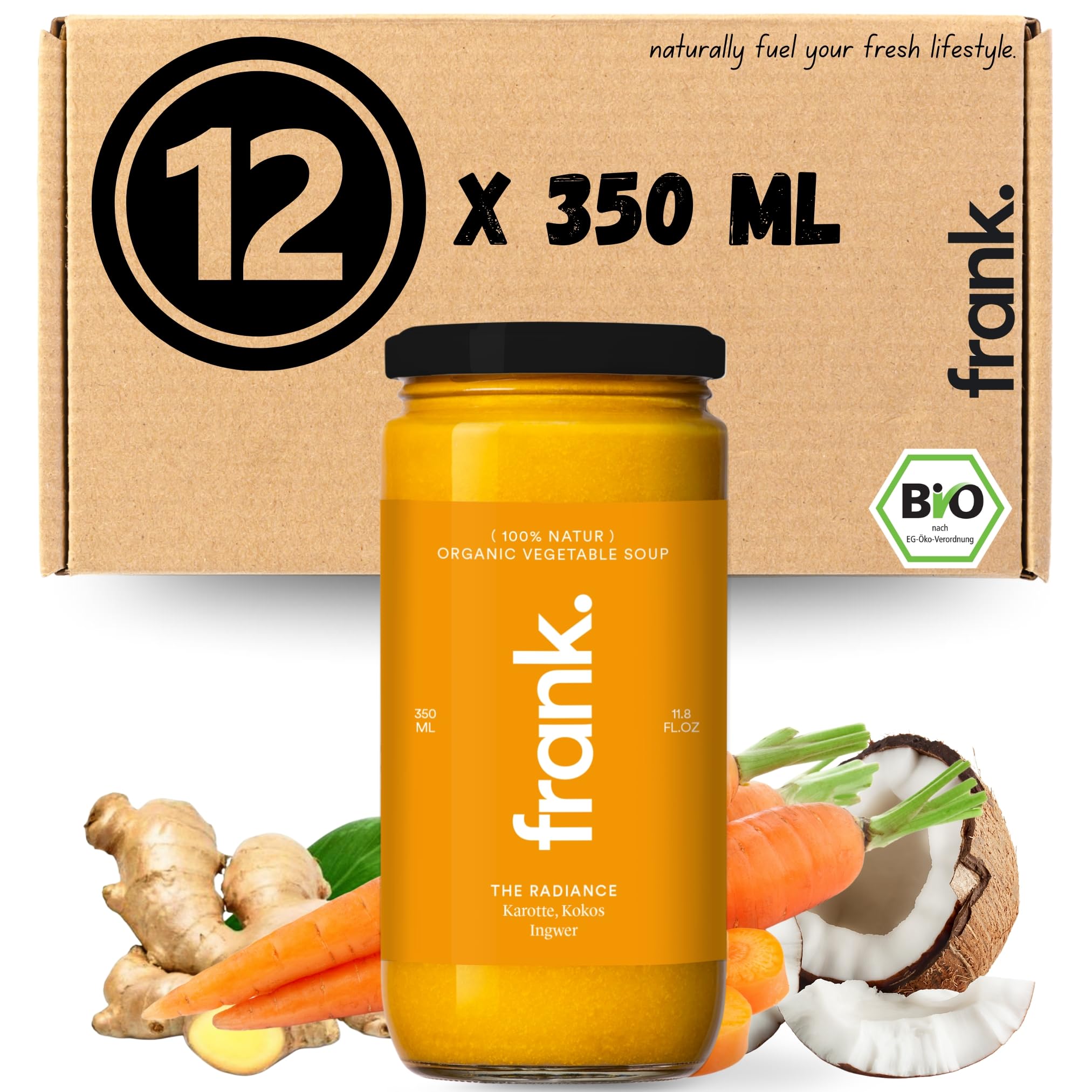 Frank Juice Bio Suppe im Glas "Karotten", 12 x 350 ml, aus frischem Gemüse | Kein zusätzlicher Zucker od. Zusatzstoffe | direkt servierbar kalt oder erwärmt geeignet | Clean Eating geeignet |Nachhaltig