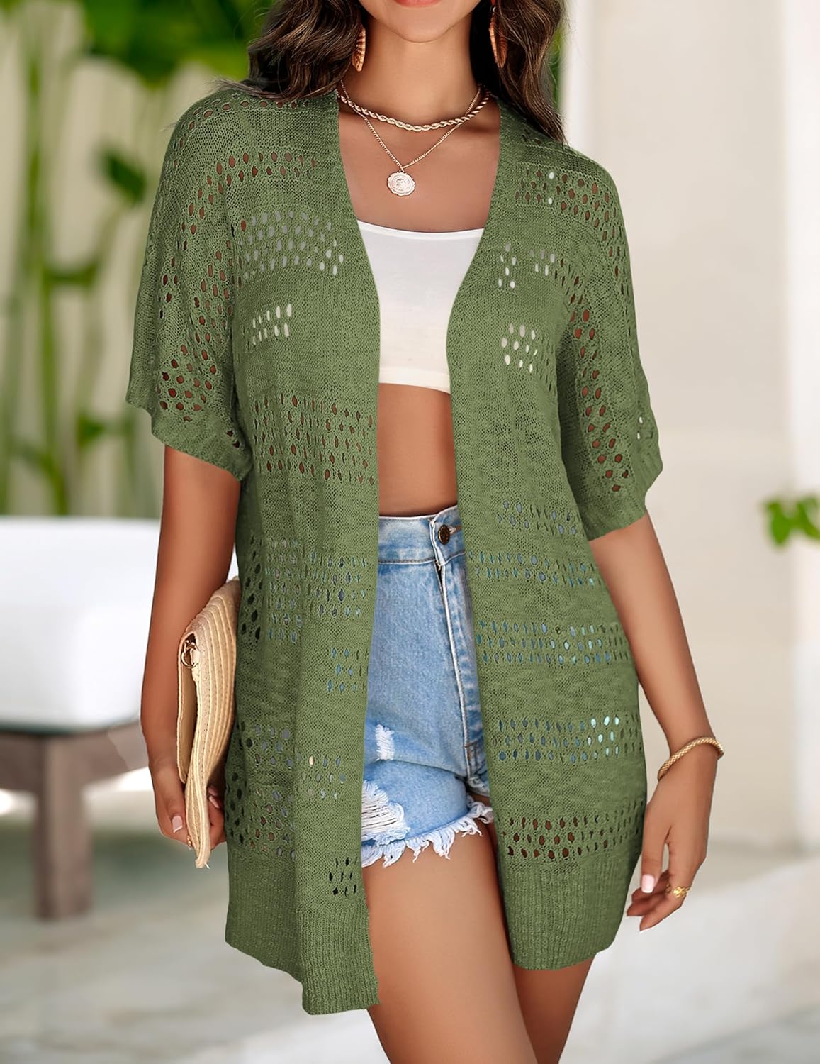 Zeagoo Lightweight Summer Crochet Cardigan for Women Short Sleeve Kimono Boho Oversized Open Front Knitted Cardigan - Image 4