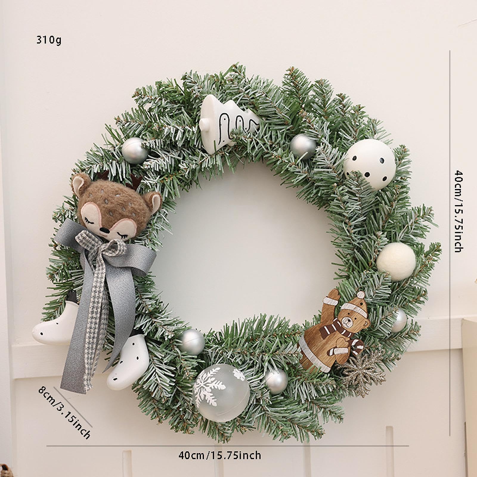 Qianly Corona de Navidad Artificial Guirnalda Adorno Y Decoración Colgante Estética Cálida de Invierno con Bayas Madera Y PP Adecuada para Puerta Recibidor S, Oso Ciervo, Individual