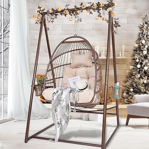 Hamaca de ratán con soporte y cojines, soporte colgante resistente con hamaca de mimbre para interiores y exteriores, patio, jardín (café)