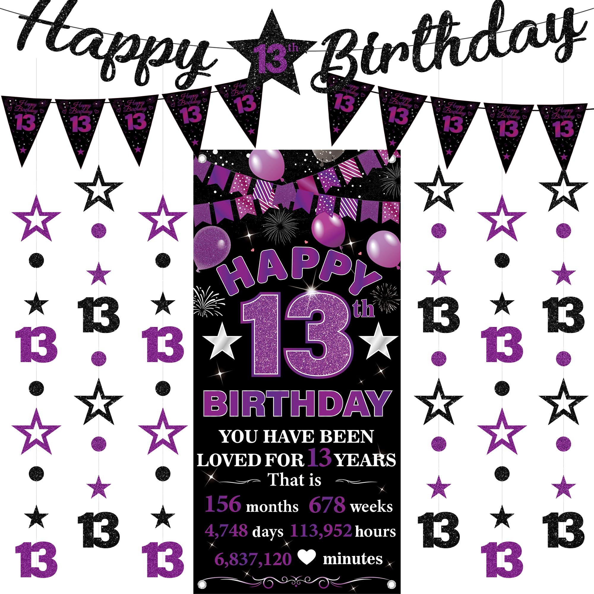 13th Birthday Decorations Banner Girls - 9 Pcs Black Purple Bannes Backdrop Number Star Dot Glitter Hanging Garlands Kit for Girl Happy 13 Years Old Birthday Party Decor Supplies โ image 1