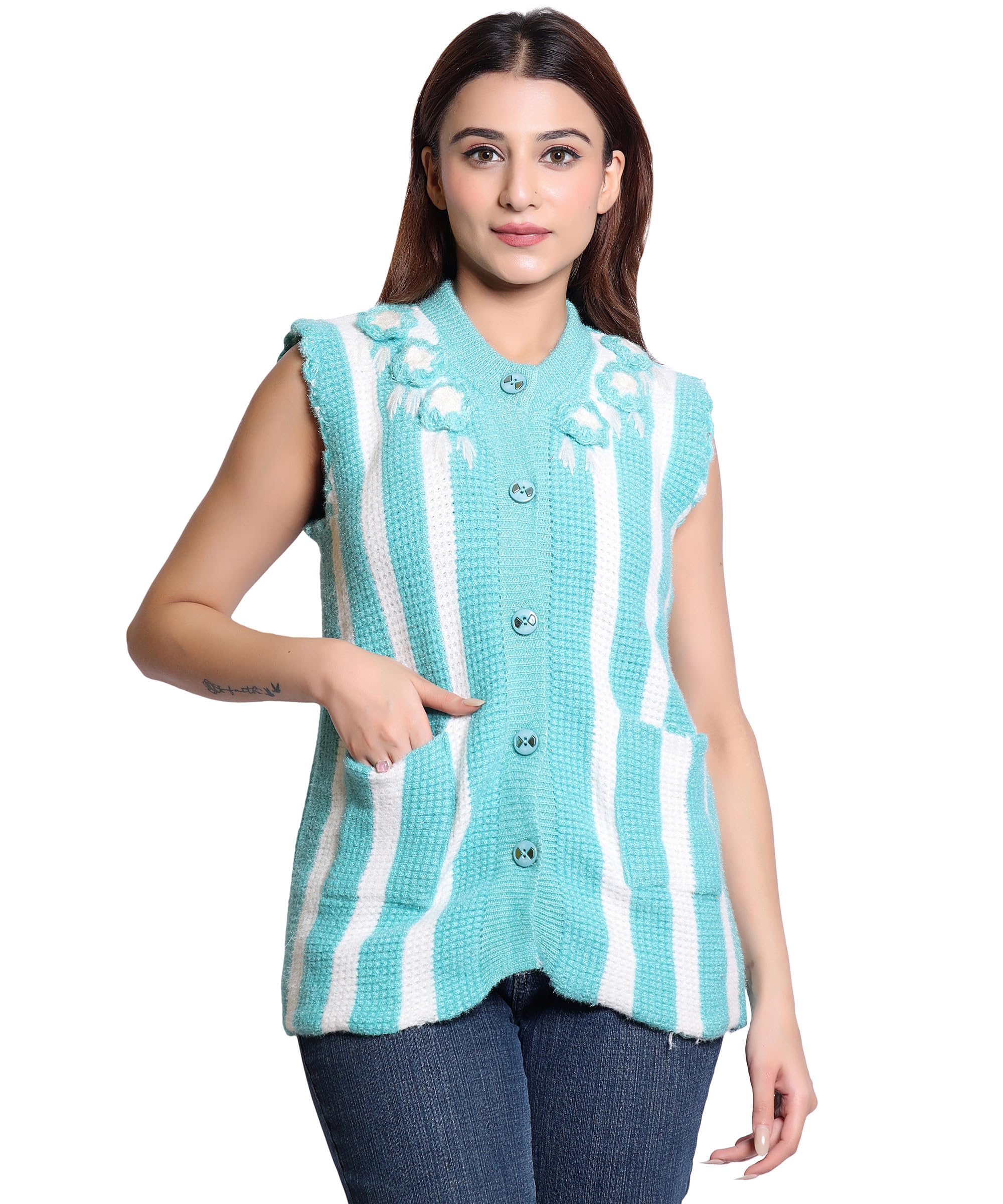 Women's Sleeveless Knitted Sweater Vest with Pockets and Floral Detail, Hand-Knit Style Button-Front Sweater Vest for Layering (pack of 1) (IN, Alpha, M, Regular, SKY)