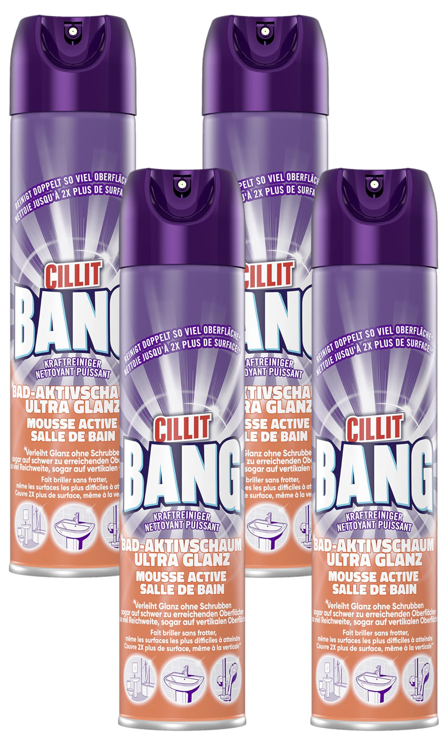 CILLIT BANG Aktivschaum Seifenreste & Glanz – Ultra effektiver Schaumreiniger für Dusche und Bad – Reinigung ohne Nachwischen – 1 x 600 ml (Packung mit 4)