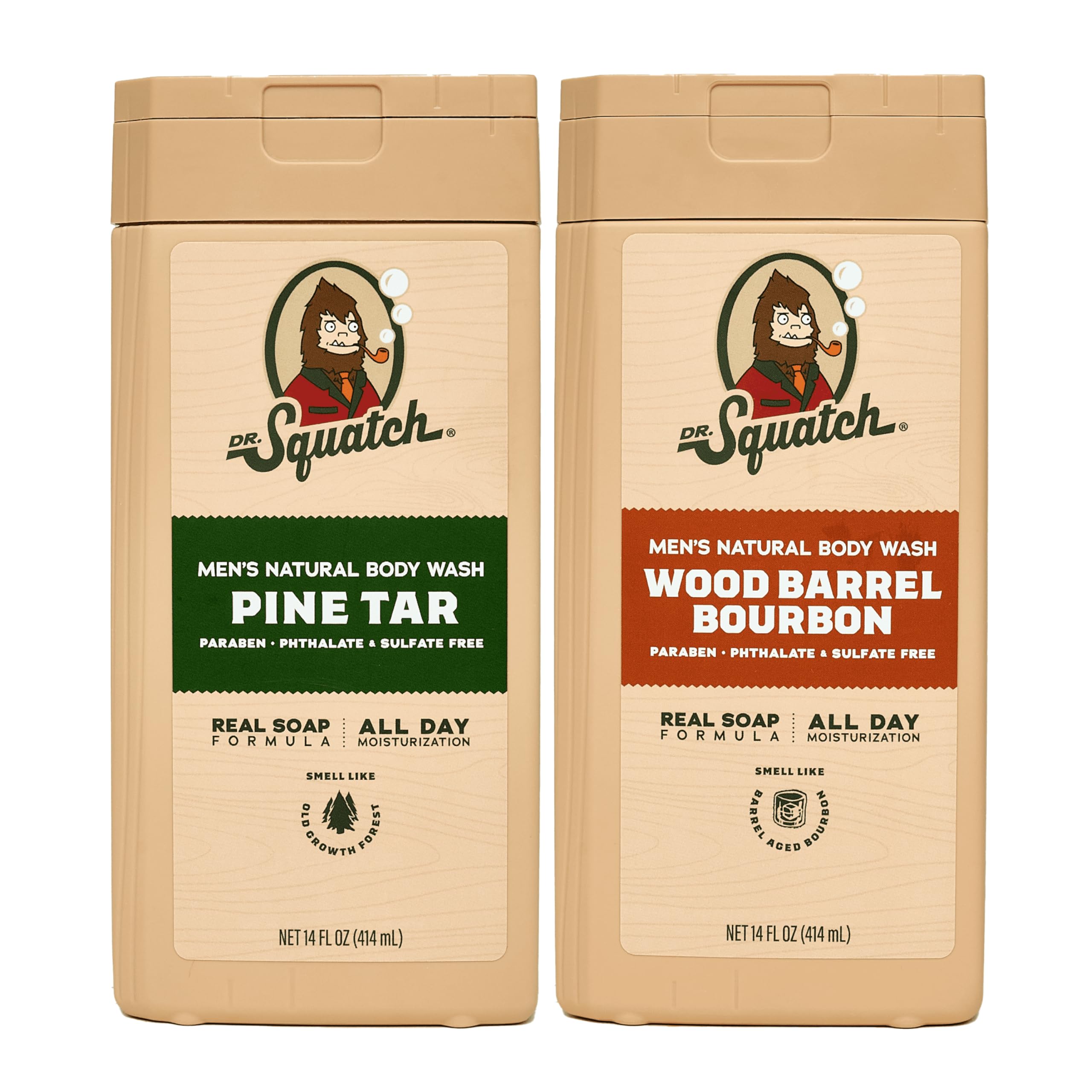 Dr. Squatch Natural Men's Body Wash Shower Gel - Cleansing, Nourishing, Long Lasting Scent, Moisturizing Body Wash for Men - Pine Tar + Wood Barrel Bourbon (14 oz, 2-Pack)