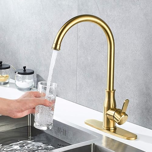 Miniatura 2 de Kohonby Grifo de cocina de oro cepillado, moderno de alta arco, grifo de fregadero de cocina de acero inoxidable comercial, un agujero con cubierta