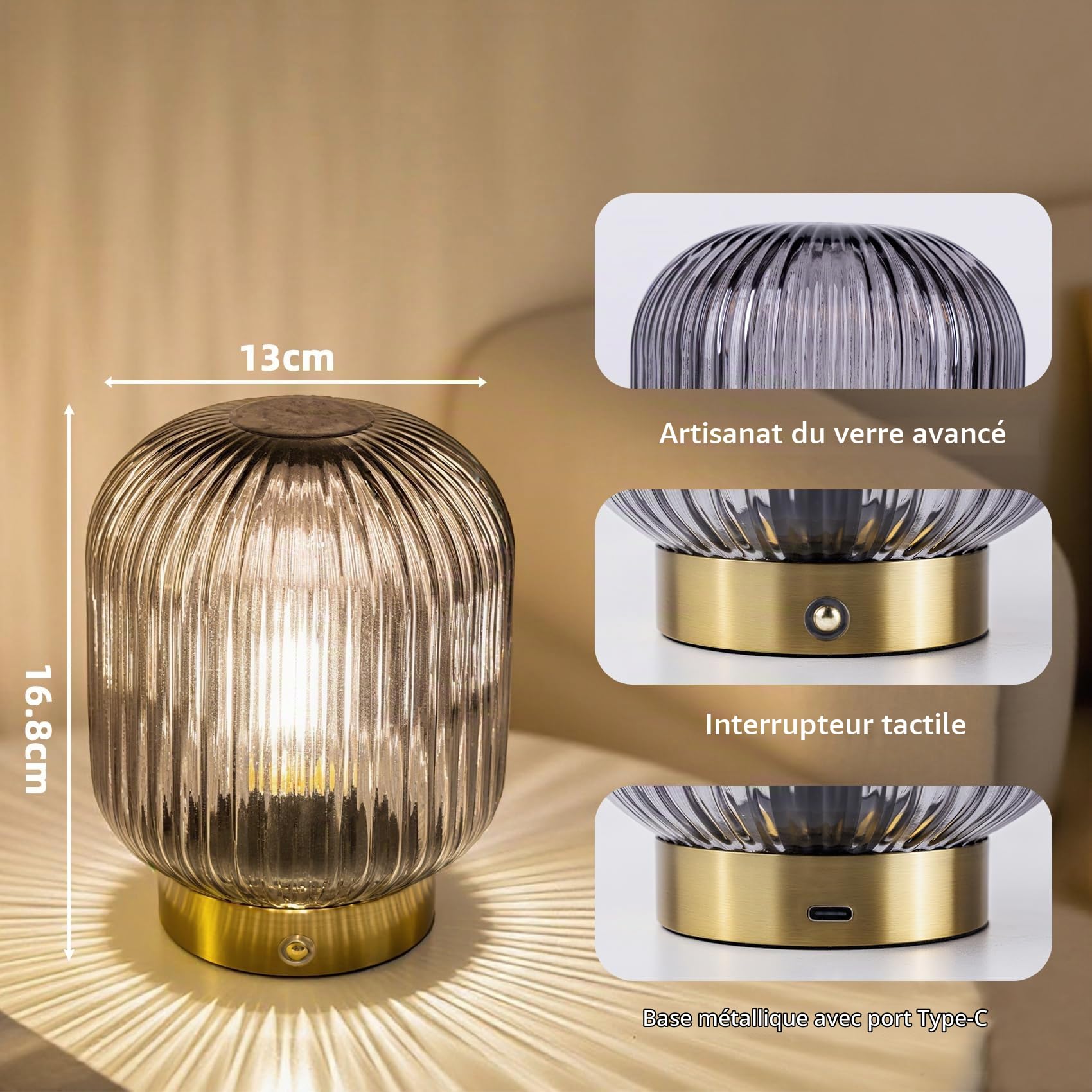 MJ PREMIER Lampe de table sans fil avec batterie en verre gris