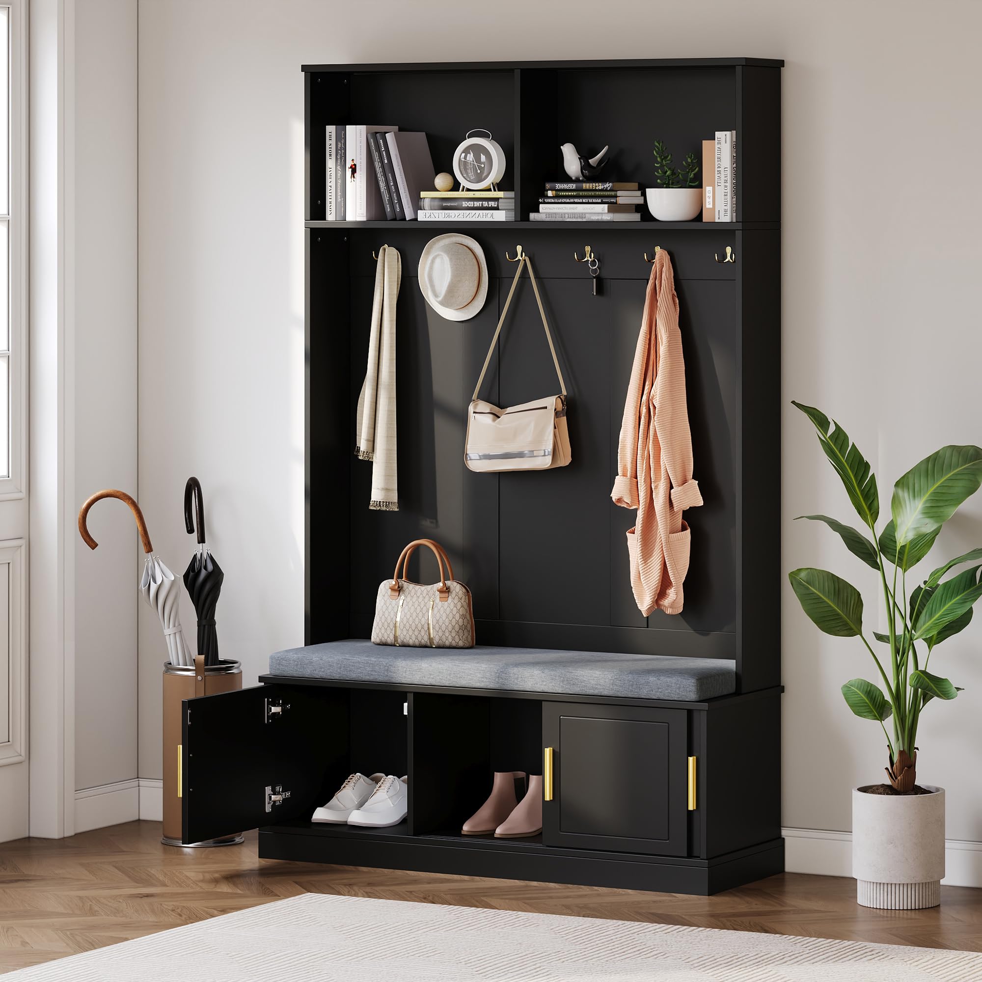 Moimhear - Appendiabiti con scarpiera, 120×40×191 cm, appendiabiti, 6 ganci tripli, autoportante, salvaspazio, per ingresso, corridoio (nero)