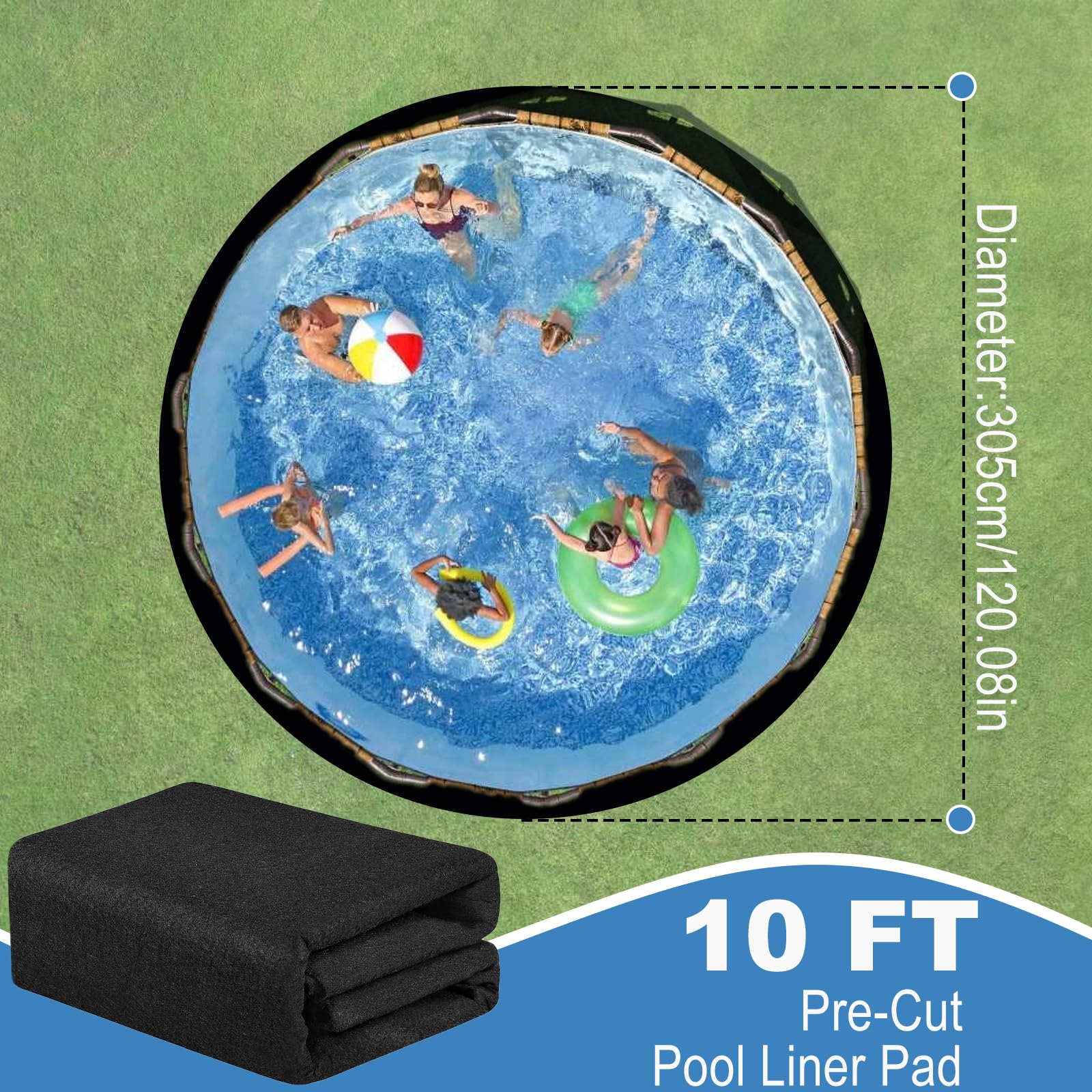Yuragim Base redonda para piscina de 305 cm, para exteriores, alfombrilla de piscina, suelo protector, alfombra de suelo precortada para piscinas y jacuzzis, evita agujeros y prolonga la vida útil