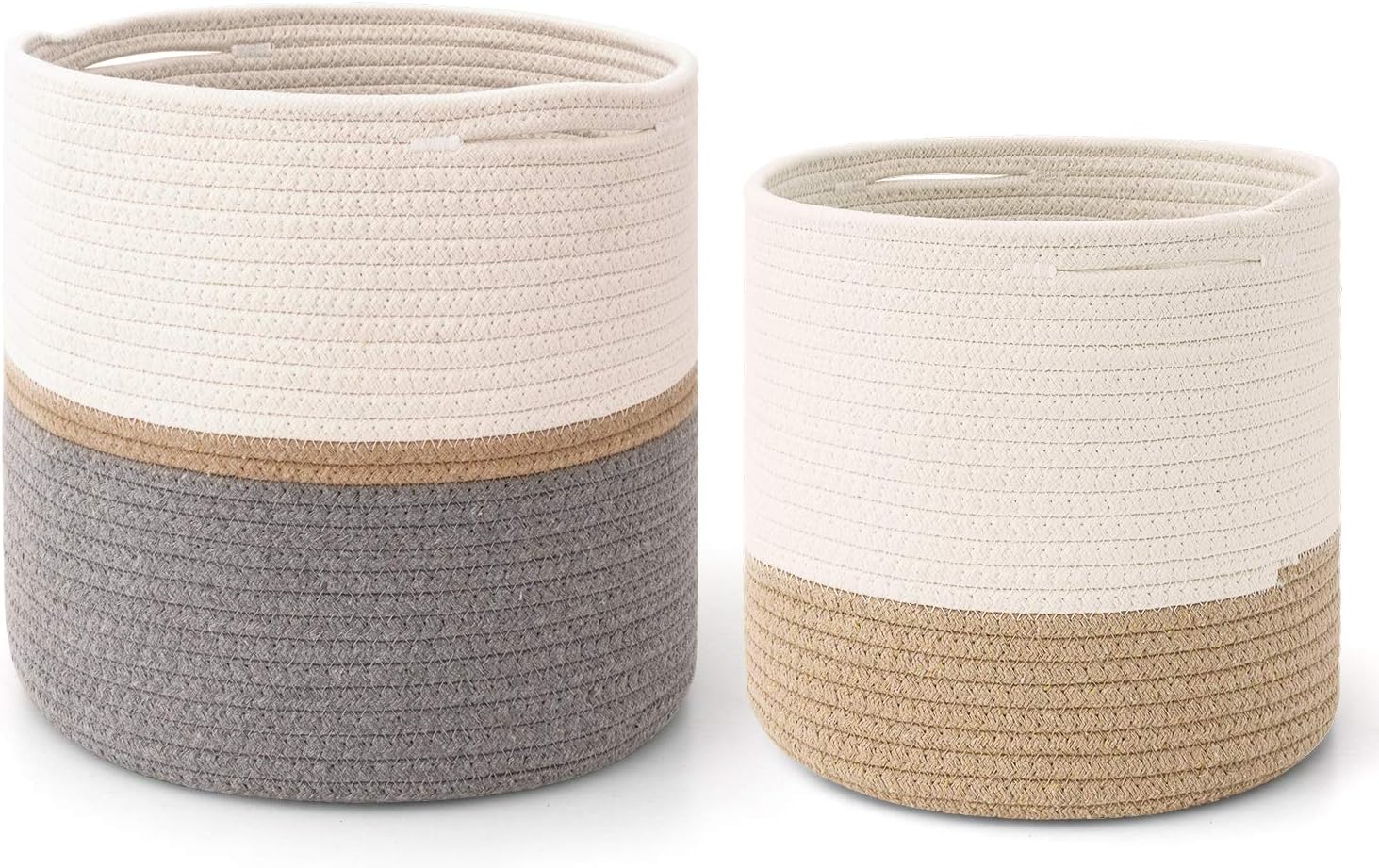 joybest 2-Pack Cotton Rope Plant Basket Woven Indoor Planters for Indoor Plants | Storage Basket for Crafts, Toys, Towels and More (12"x12" & 10"x10", Grey/Brown/White)