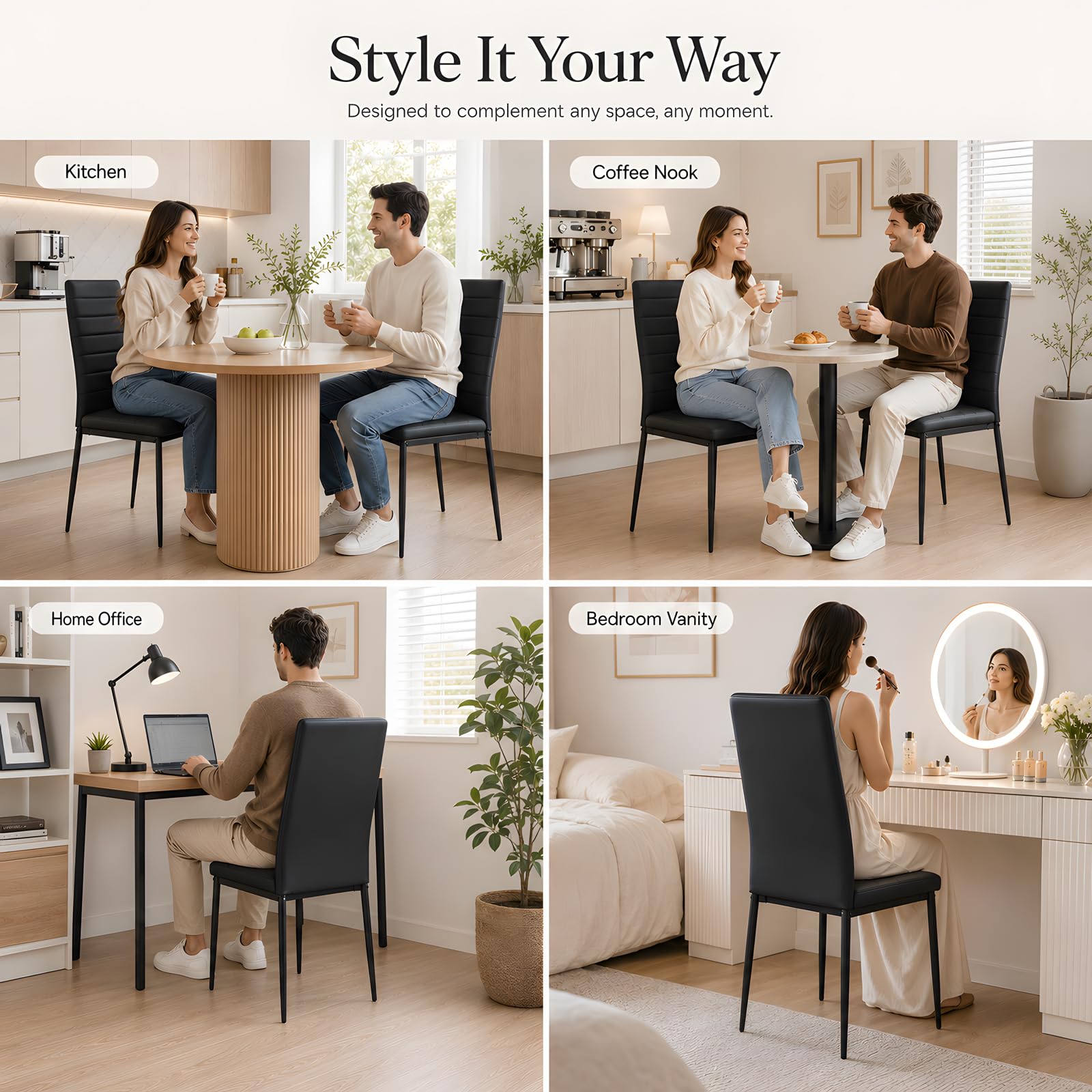 Juego de 4 Sillas de Comedor Negro Polipiel Fácil de Limpiar Silla Cocina Moderna Acolchada Patas Metal Respaldo Alto Salvaspacio Impermeable