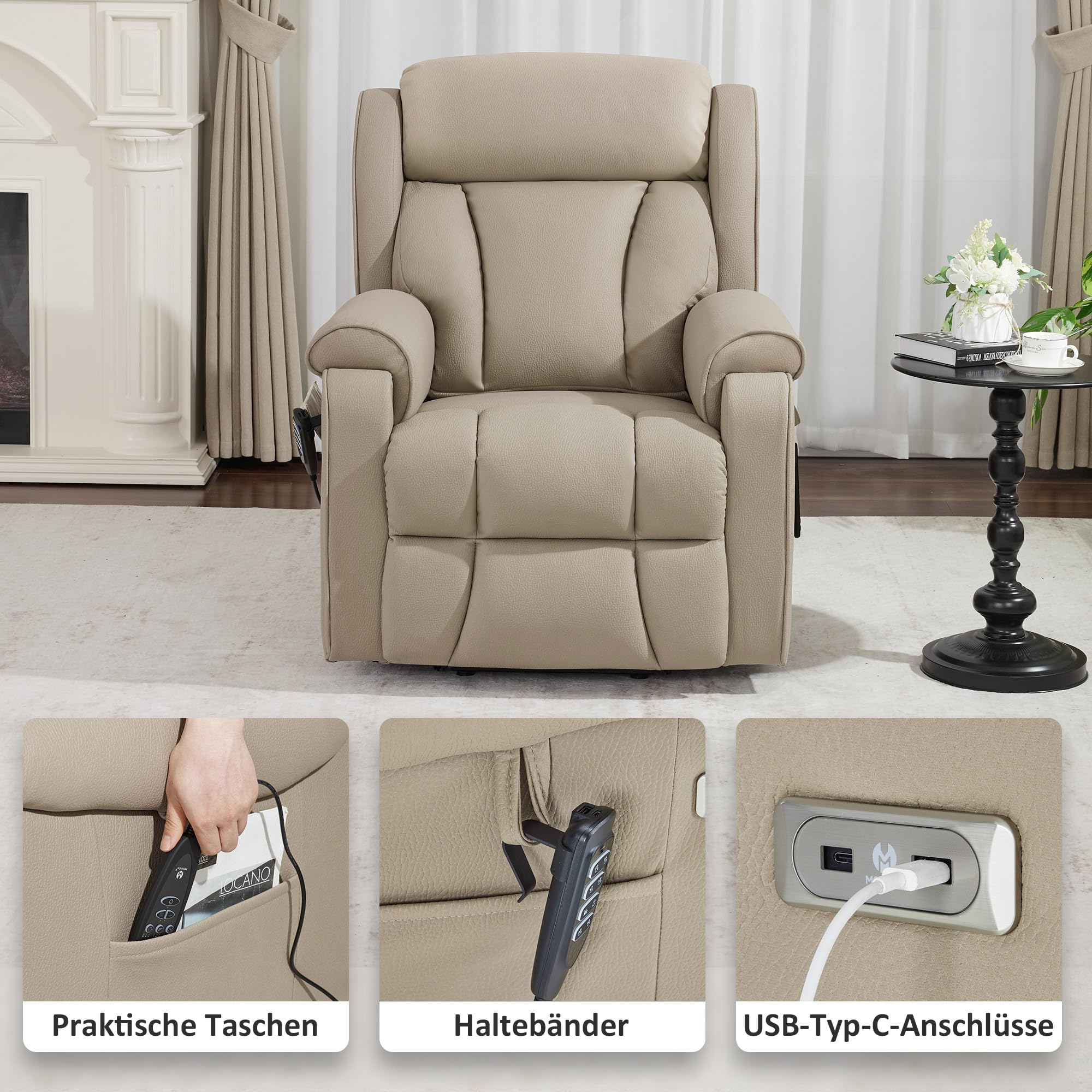 M MCombo Sillón TV 4 Motores con Ayuda para levantarse, eléctrico, Soporte Lumbar y reposacabezas Ajustables, Gravedad Cero 165°, Masaje y calefacción 7558 (Microfibra, Beige marrón)