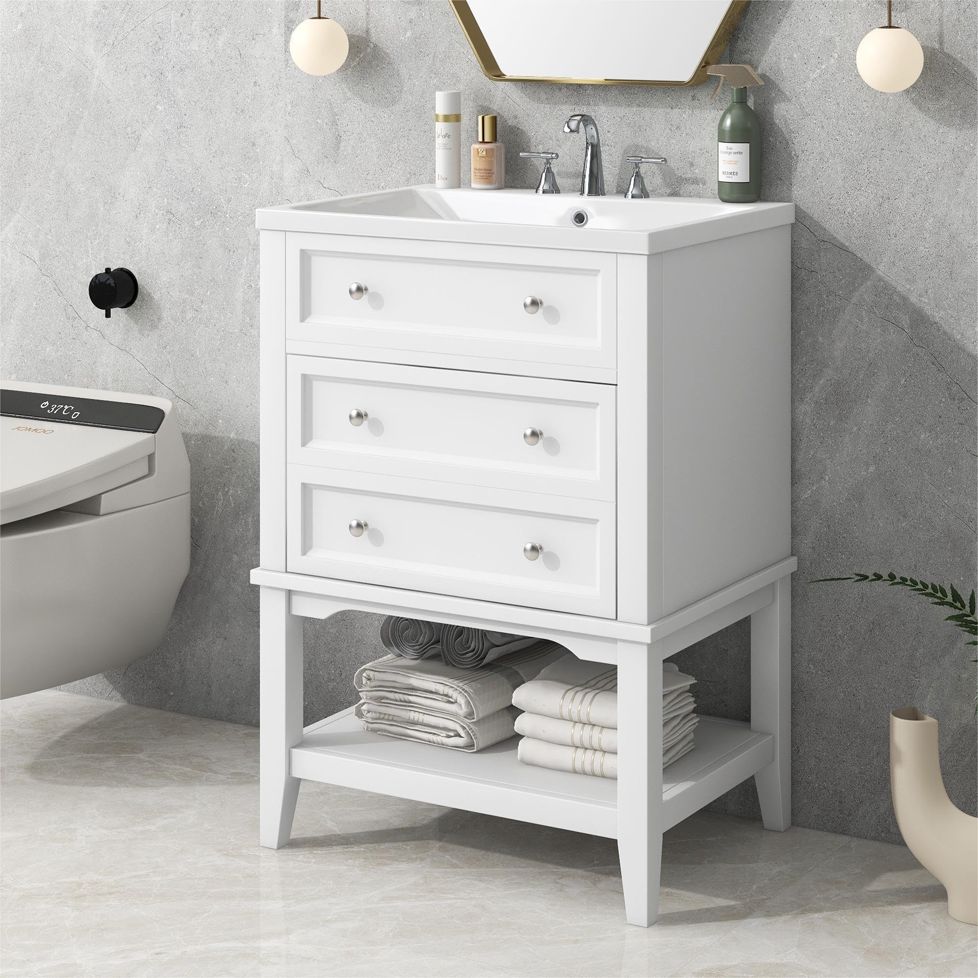 PIETFIU 24" Bathroom Vanity with Ceramic Sink Set, Freestanding Bathroom Cabinet with Drawer and Open Shelf for Small Bathroom, Solid Wood Frame (White-Drawer/Shelf, 24 Inch)