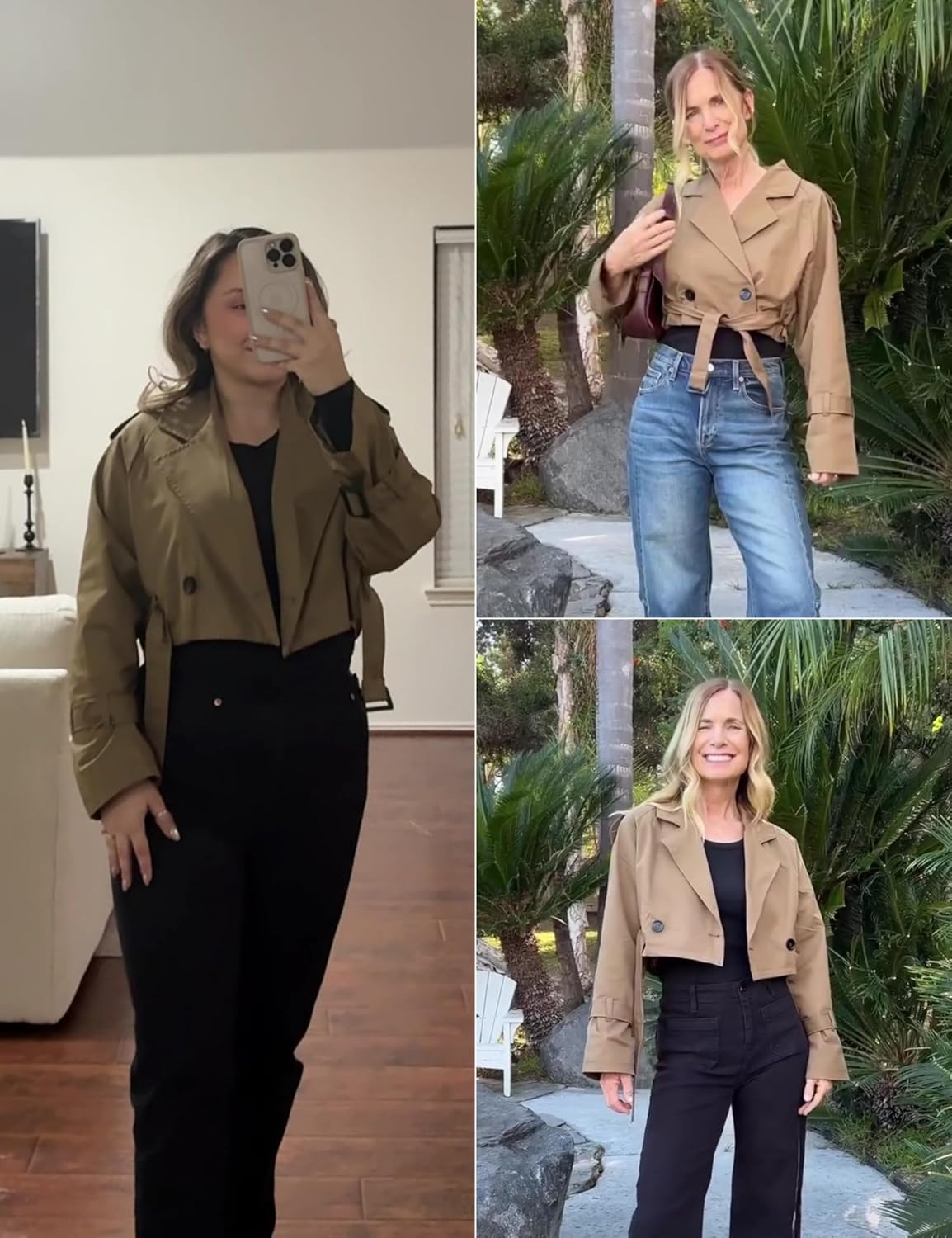 Xiaoxuemeng Womens Cropped Bike Jacket Casual Double Breasted Trench Coat with Belt - Image 4