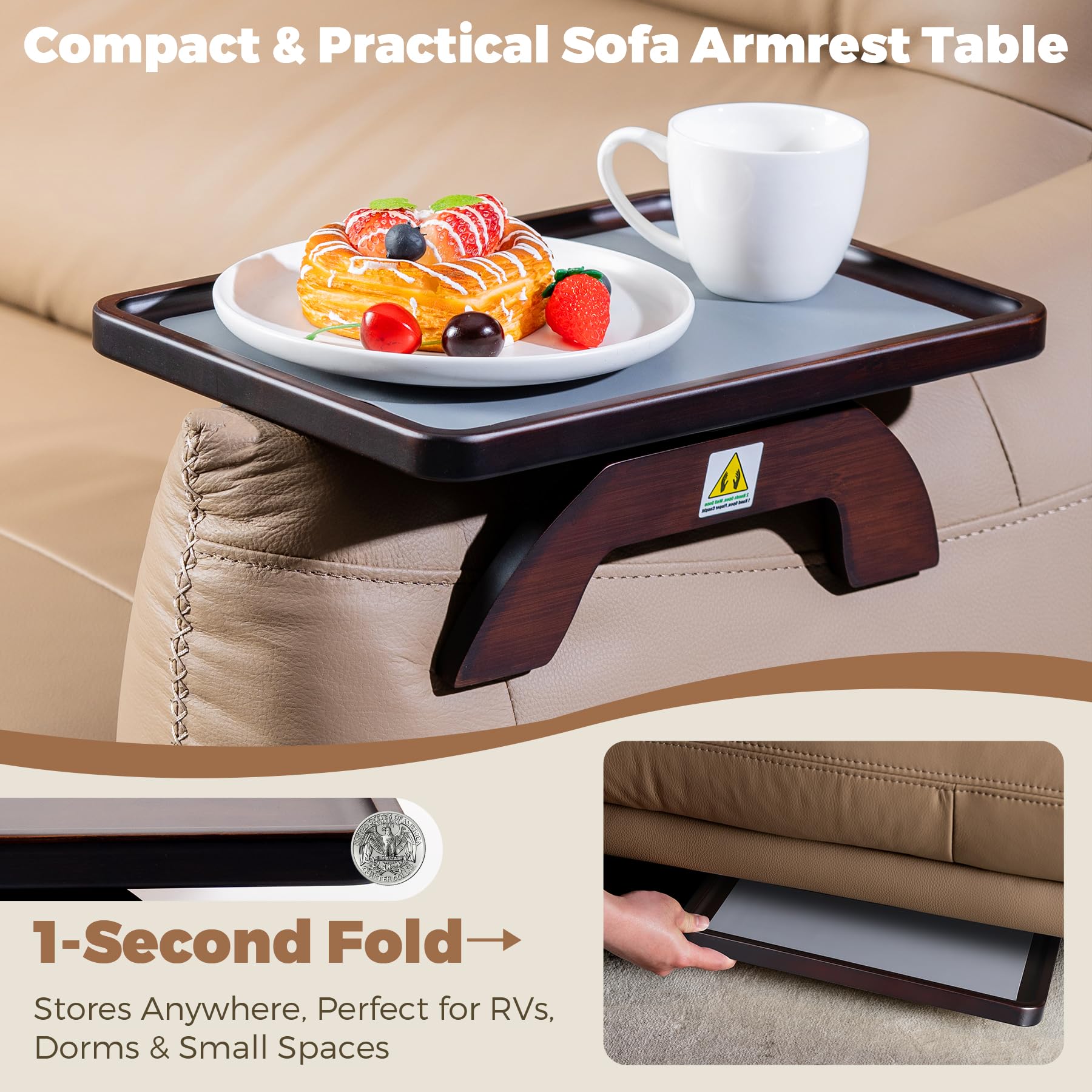 Mesa con reposabrazos de bambú natural para sofá, para bebidas, aperitivos, comer, control remoto, bandeja para brazo de sofá (marrón)