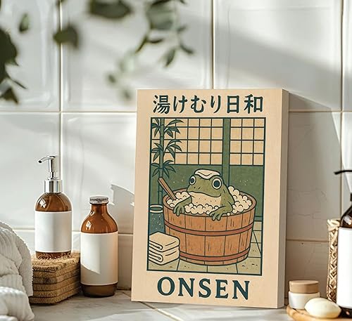 Miniatura 4 de Lienzo de pared de rana japonesa para baño, pintura de rana linda en la bañera, póster vintage divertido de animales, impresión de bañera de bambú,