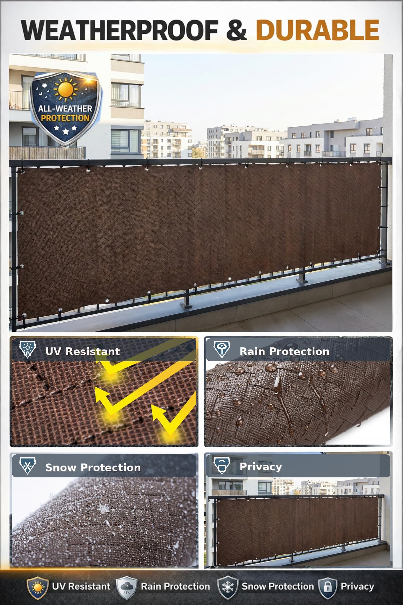 COVER IT Frangivista per Balcone Premium 240 g/m² su Misura 70 cm – Frangivista con Trama Goffrata per Balcone, terrazza e ringhiera, Marrone