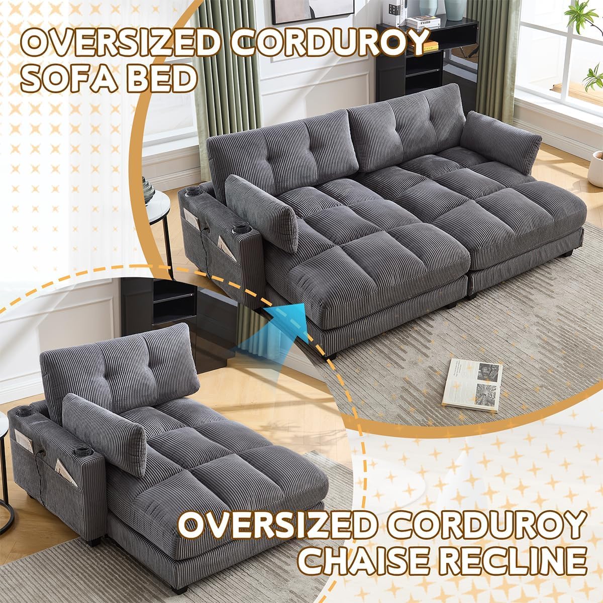 SLEERWAY 91.34" Oversized Sleeper Loveseat Sofa Bed, Modern Corduroy Sleeper Sofa Couch with USB Ports & Cup Holder, Comfy Upholstered Loveseat Sleeper for Living Room, Bedroom, Office, Gray
