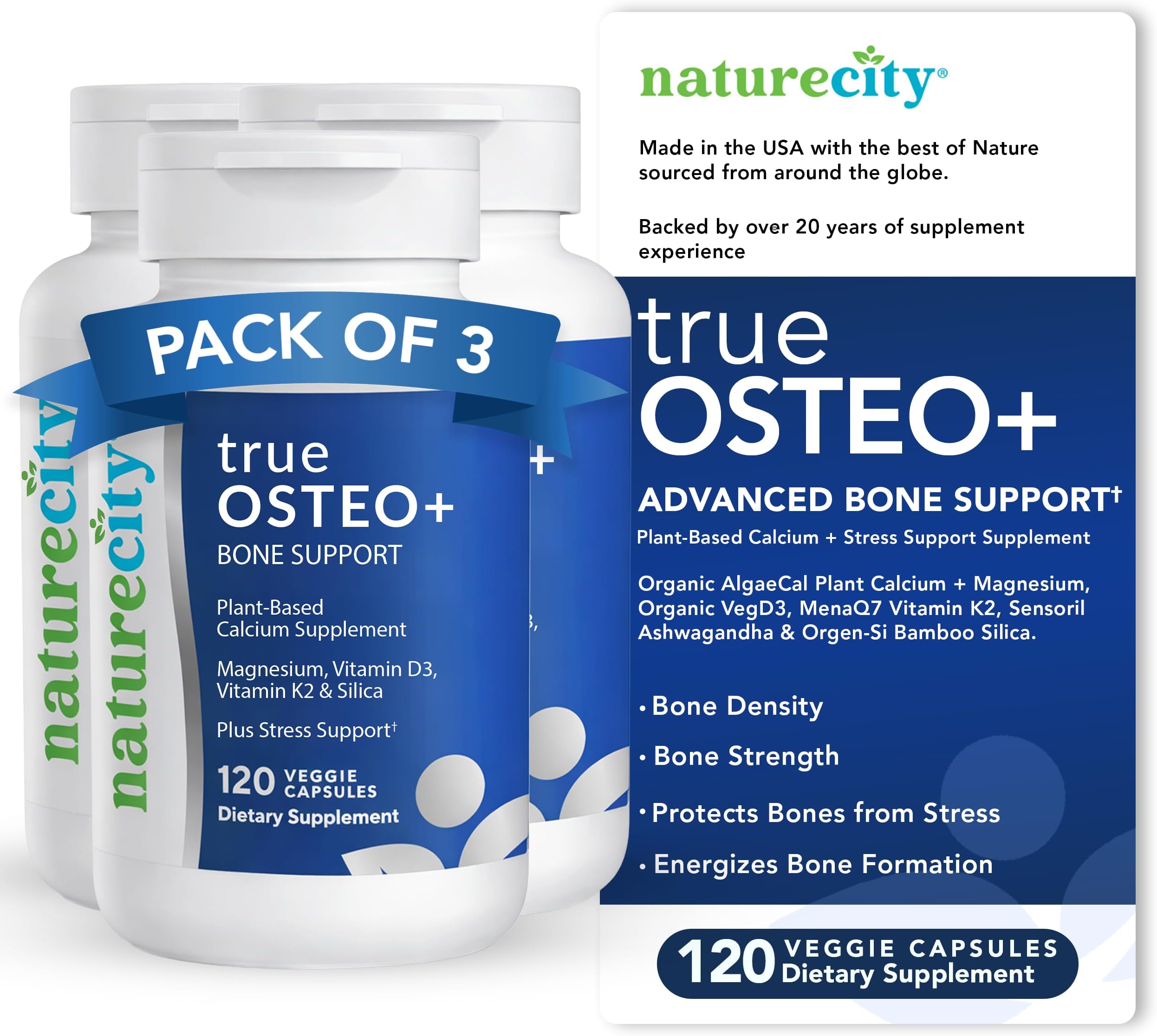 - NatureCity True-Osteo+ Bone Support with Ashwagandha – for Strength & Density – Plant-Based Calcium with Organic AlgaeCal, Magnesium, Vitamin D3, K2, Silicon & Stress Support | 360 Veggie Capsules