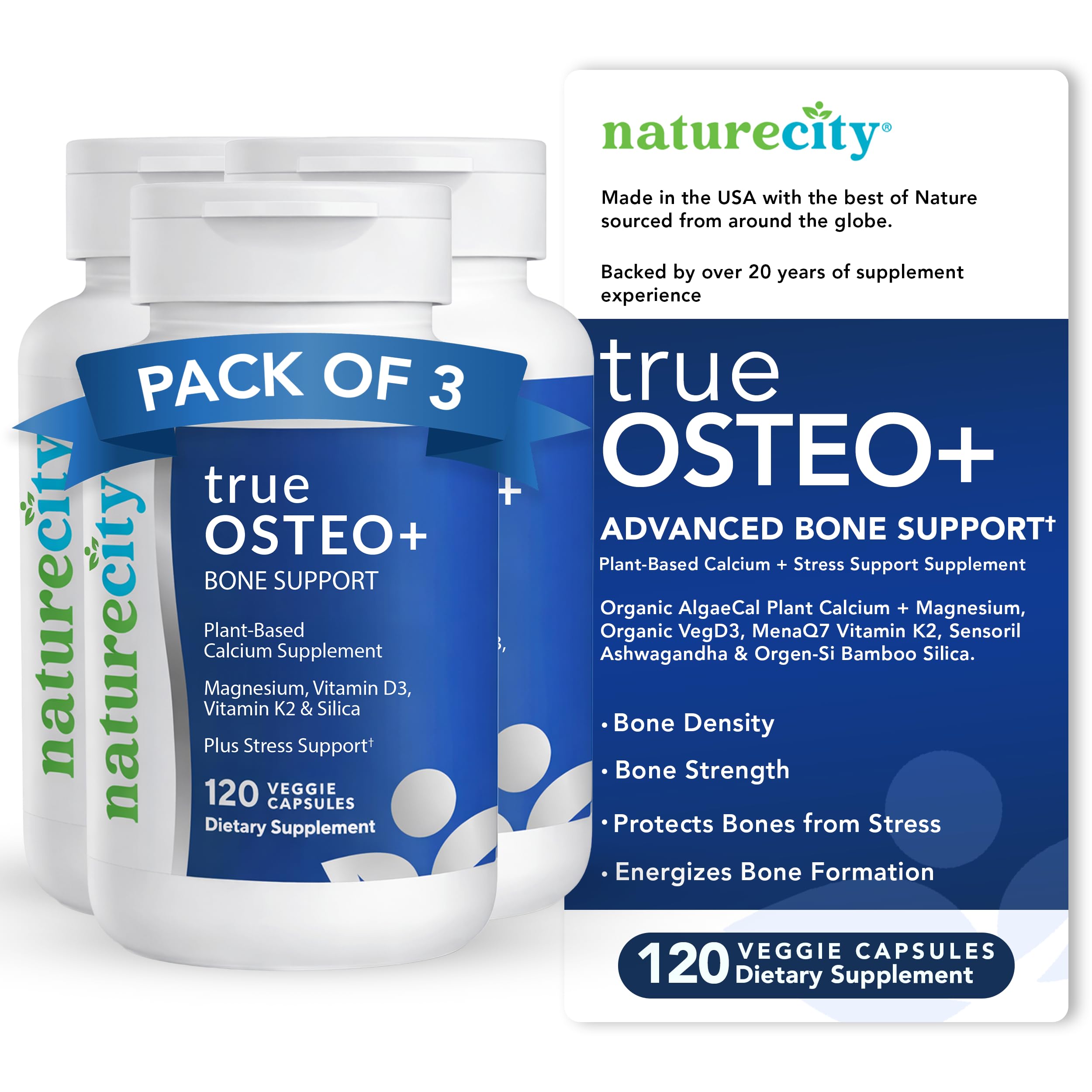 - NatureCity True-Osteo+ Bone Support with Ashwagandha – for Strength & Density – Plant-Based Calcium with Organic AlgaeCal, Magnesium, Vitamin D3, K2, Silicon & Stress Support | 360 Veggie Capsules