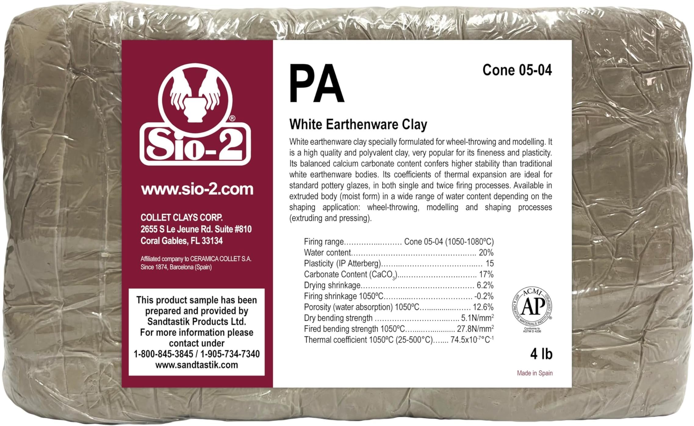 SIO-2 PA White Earthenware Low Fire Pottery Clay, 4.0 lb (1.8 kg) | Kiln-Fired Clay for Wheel-Throwing, Handbuilding & Modelling - Ready-to-Use