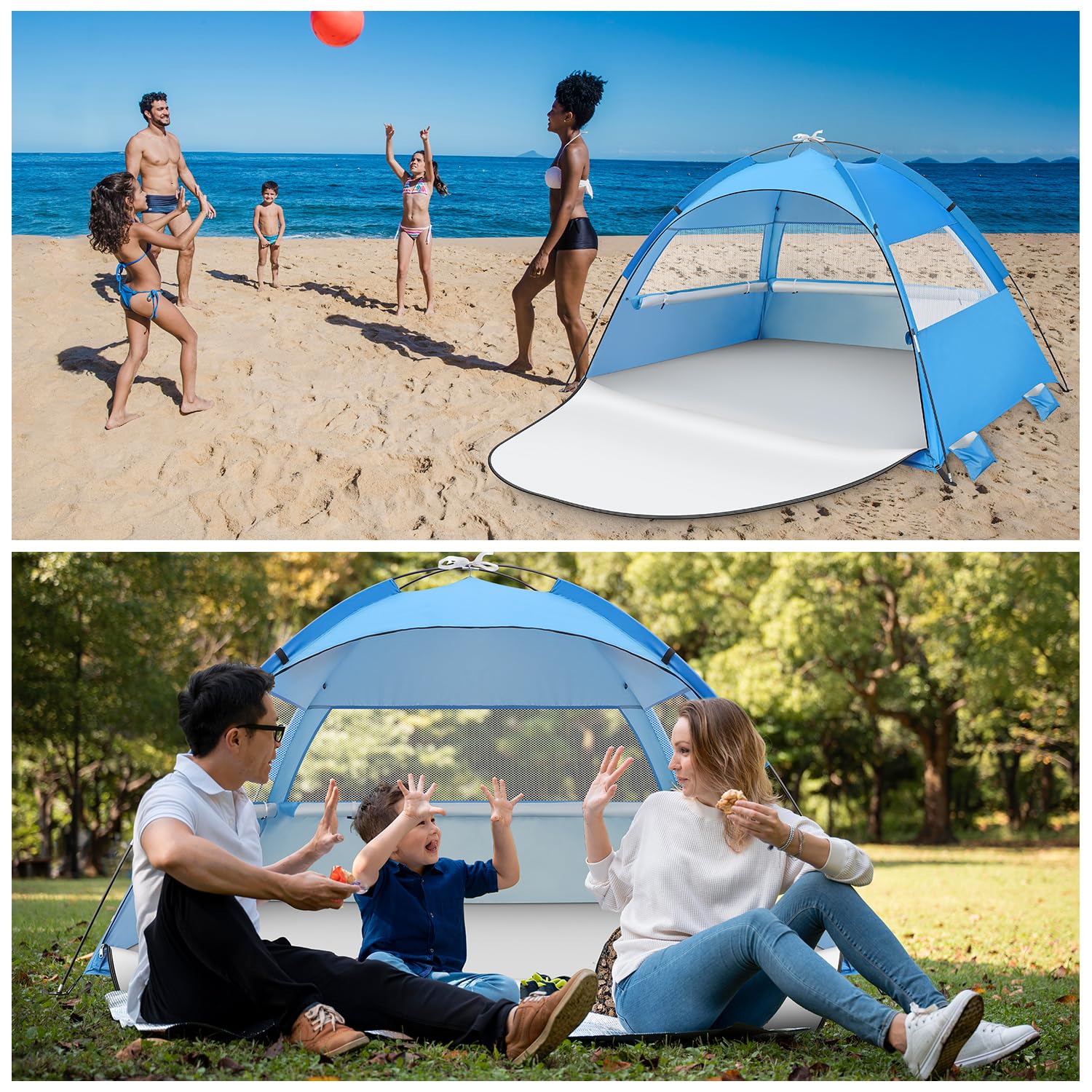 Pop-up namiot plażowy, automatyczny parasol plażowy dla 3-4 osób z ochroną przeciwsłoneczną, lekki i łatwy do przenoszenia przenośny namiot przeciwsłoneczny na wakacje na plaży kemping podróż
