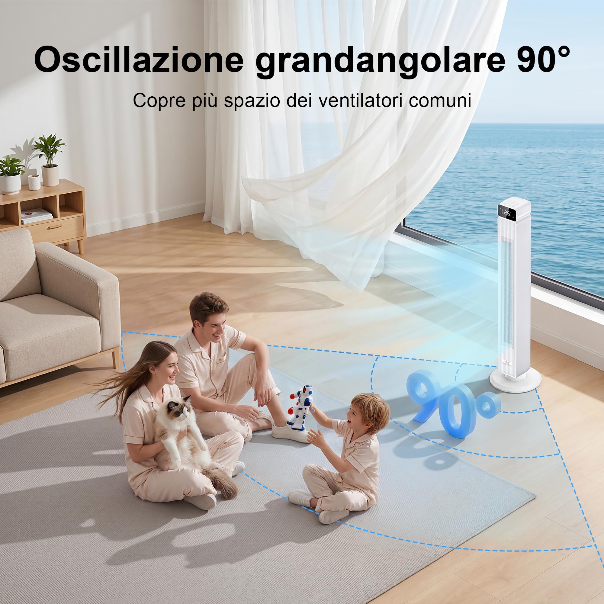 Ventilatore a Torre Silenzioso con Telecomando, 7.3 m/s Flusso Potente & Modalità Notturna 30 dB, Oscillazione 90°, 6 Livelli, Timer 12H, Ventilatore a Colonna per Camera da Letto e Ufficio