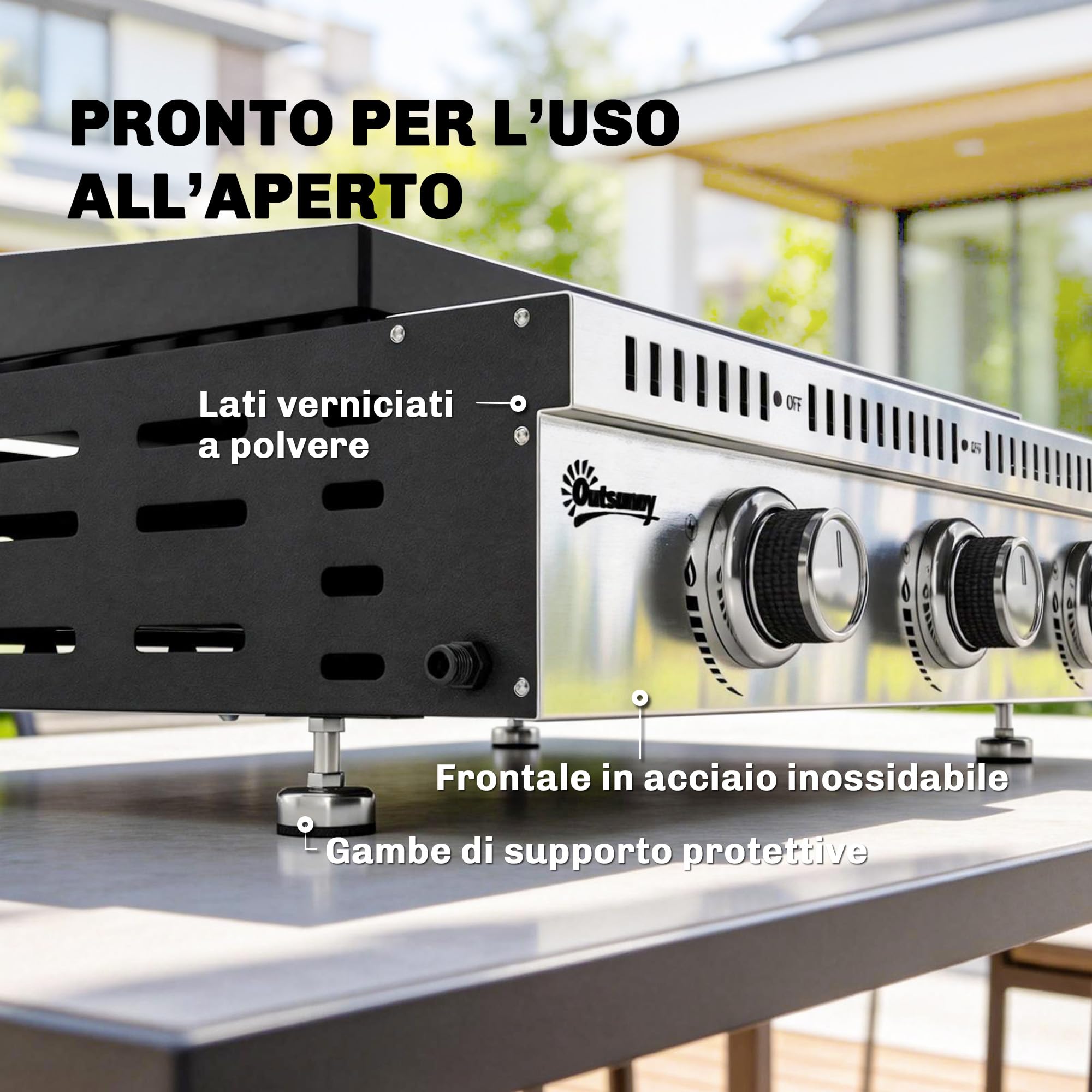 Outsunny Barbecue a Gas Portatile 3 Bruciatori 9 KW Acciaio Inox, Griglia BBQ da Tavolo con Vaschetta Raccogli Grasso, Regolatore, Nero