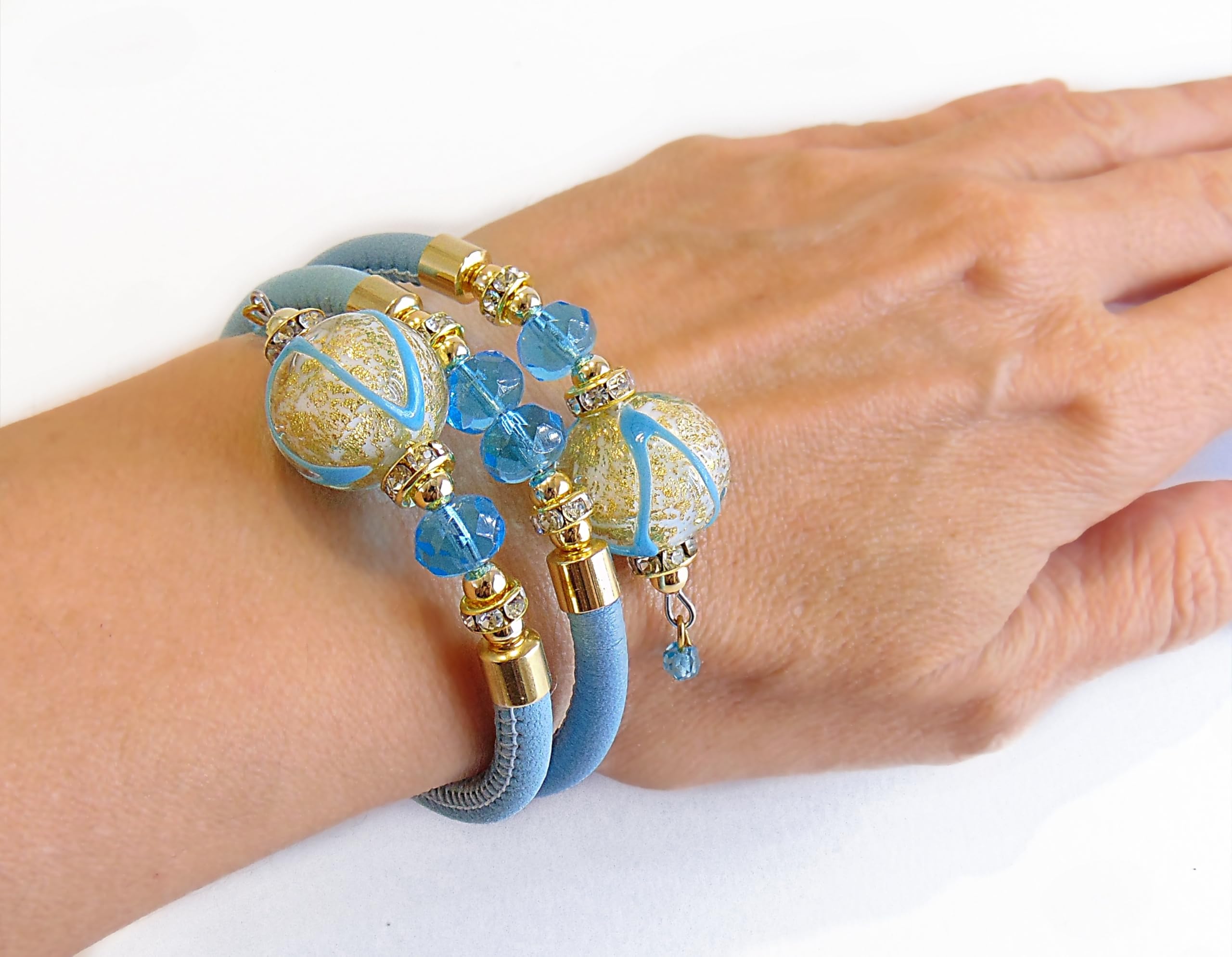 Damen-Armband mit Perlen aus Muranoglas und echtem Toskana Leder, Kollektion Aida, Modell Contrarie, Schwarz