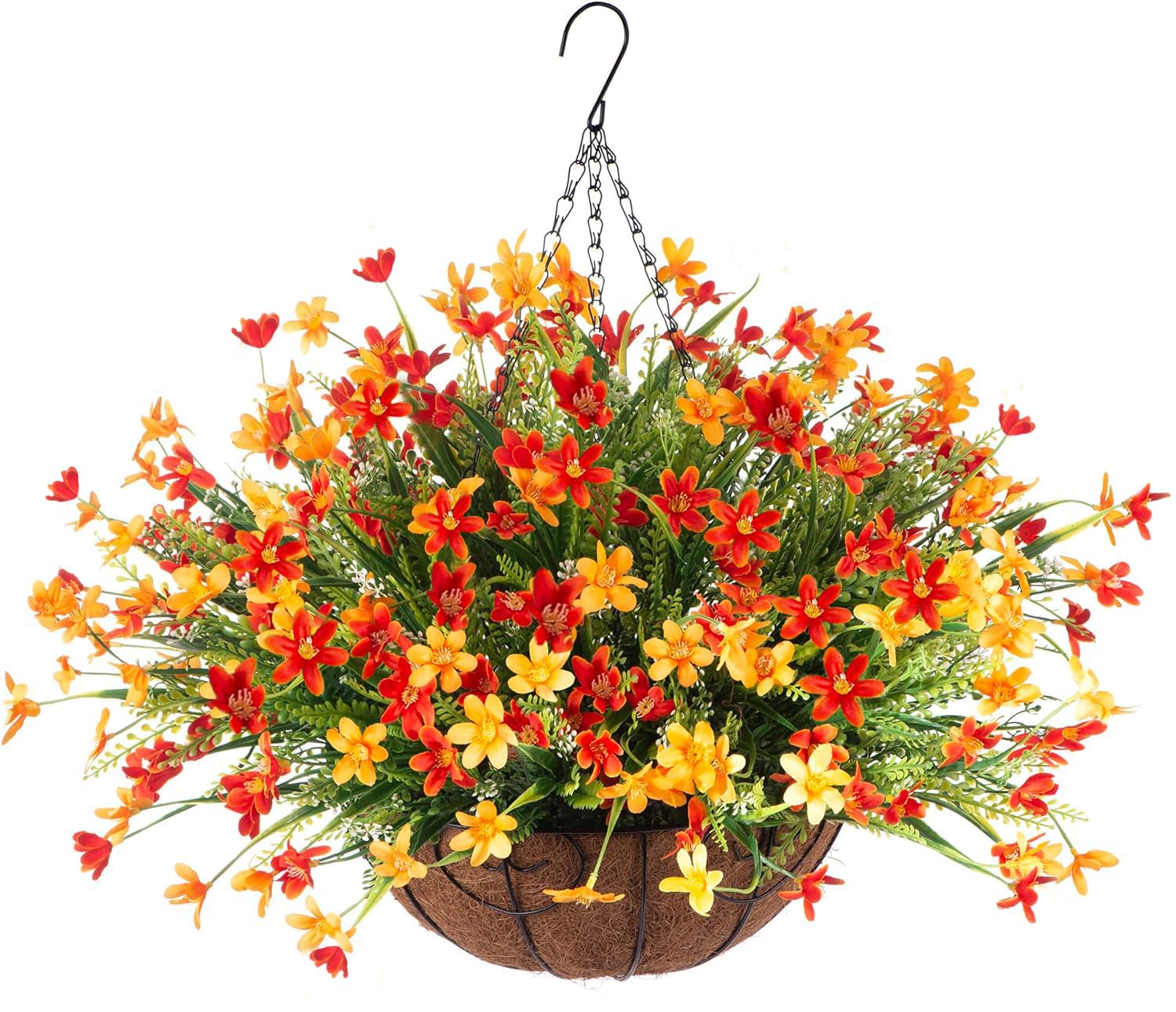 Artificial Flowers with Hanging Basket for Outdoor Decoration, Faux Violets Floral Arrangements UV Resistant Fake Flower Plants for Porch Patio Garden Balcony Outside Spring Summer Decor (Orange)