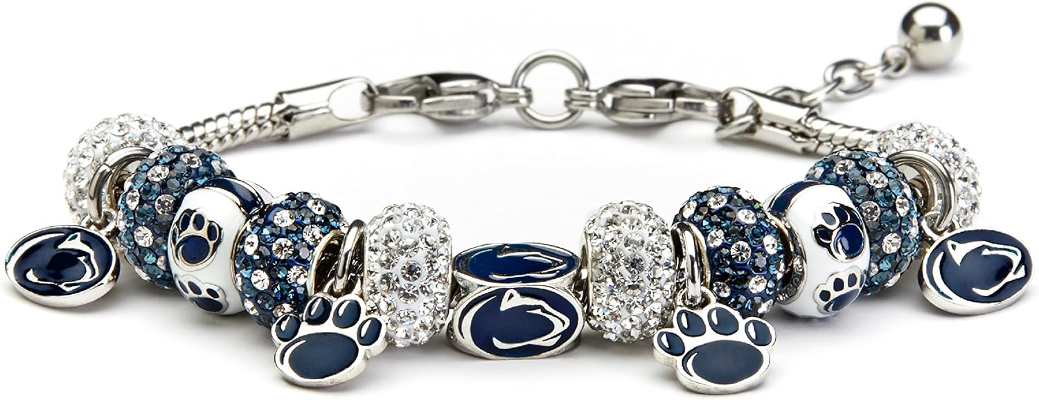 Stone Armory Charm Bracelet Nittany Lions - Penn State University Bead Charm Bracelet - Officially Licensed PSU Women's Gift - Jewelry Compatible with Pandora - Stainless Steel Adjustable 6.5-8in