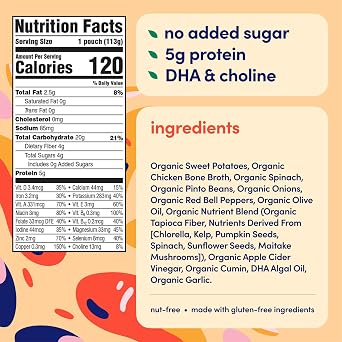 Cerebelly Organic Baby Food Pouches, Sweet Potato Pinto Bean with Chicken Bone Broth, 16 Nutrients, Protein & Healthy Fats, 4oz, 6 Pack