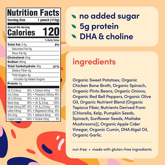 Cerebelly Organic Baby Food Pouches, Sweet Potato Pinto Bean with Chicken Bone Broth, 16 Nutrients, Protein & Healthy Fats, 4oz, 6 Pack
