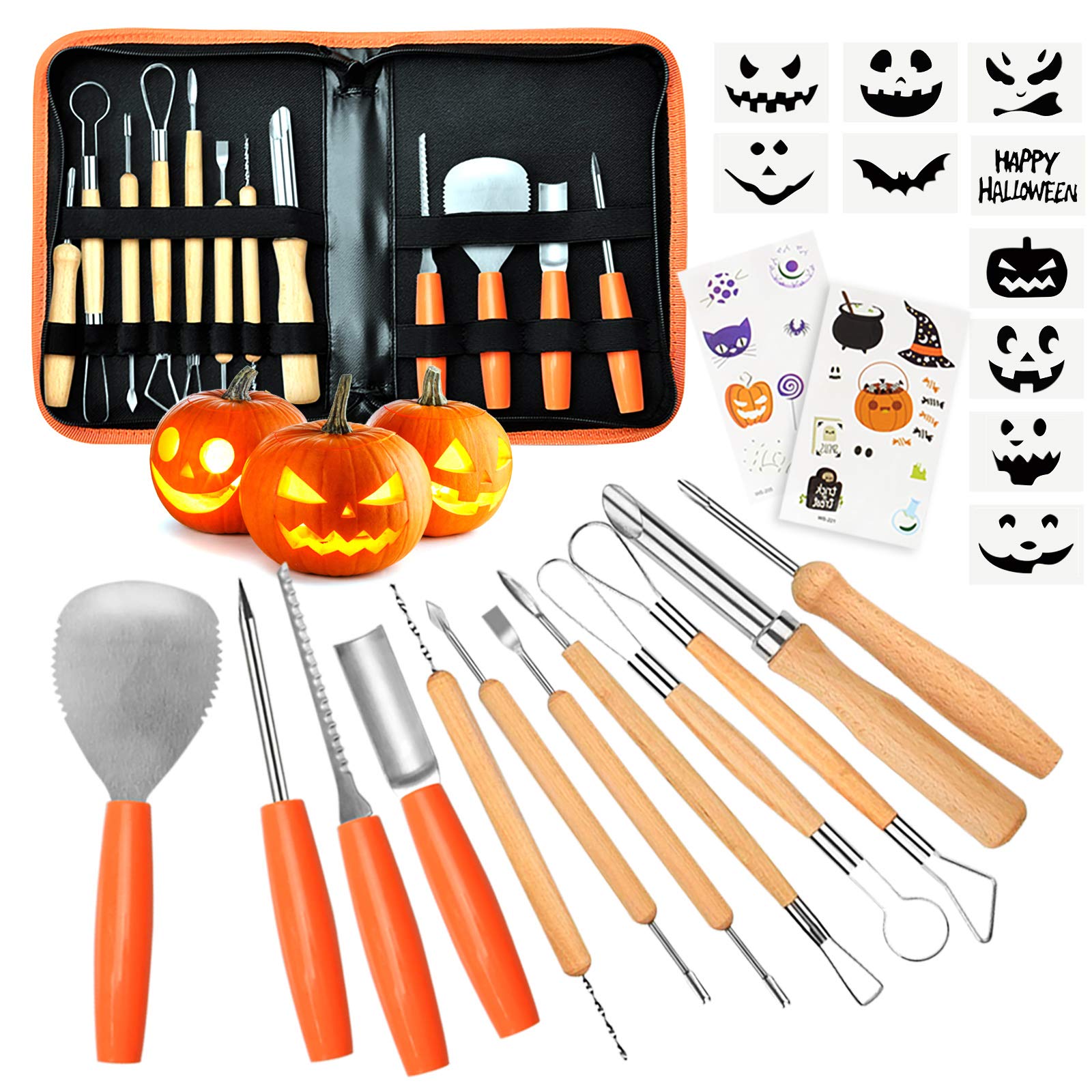 Halloween Pumpkin Carving Kit,BEQOOL 12 PCS Professional Pumpkin Carving Tools Kit with Stencils/Case /Stickers Pumpkin Carving Set for Kids DIY Halloween Decoration,Easily Sculpting Jack-O-Lantern