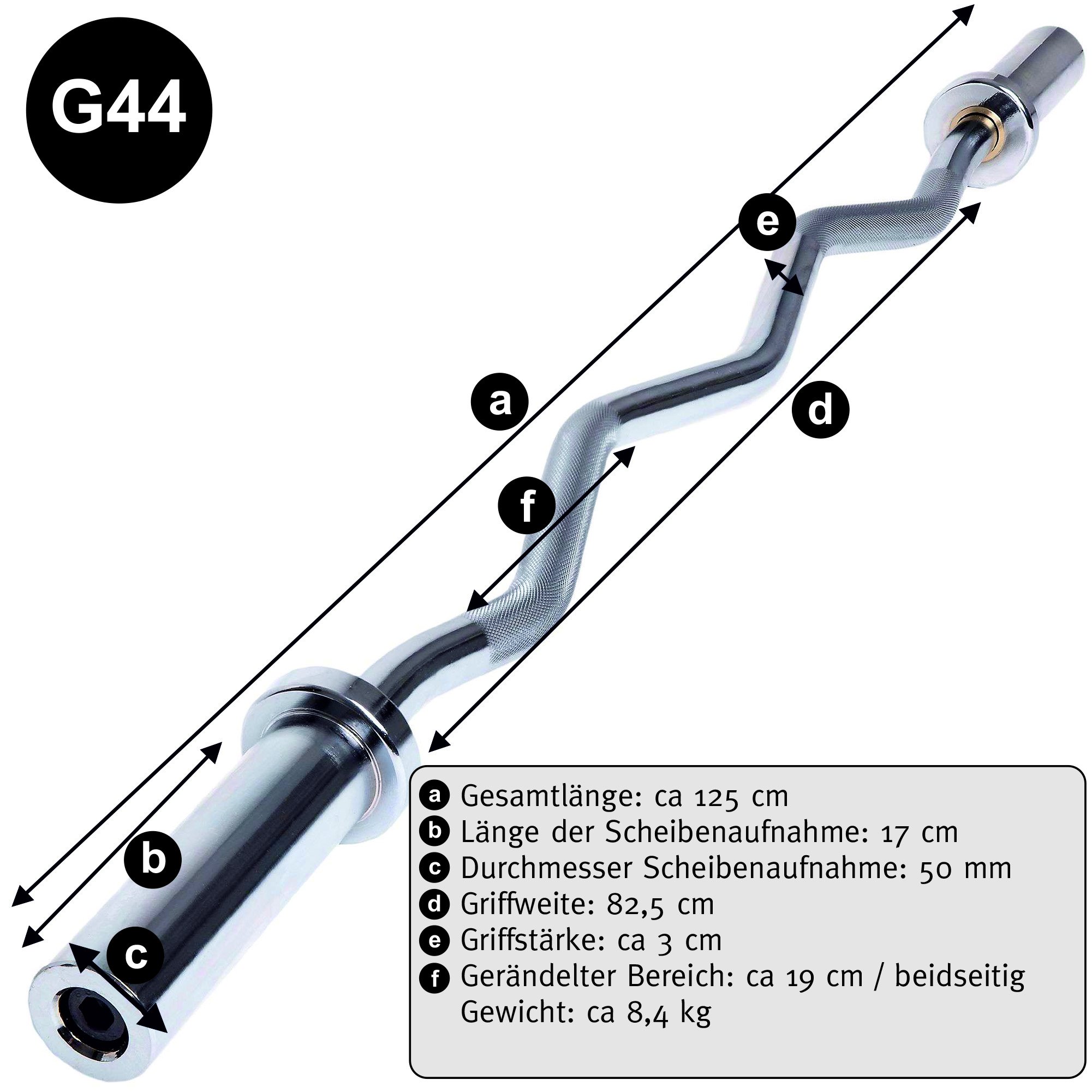 C.P. Sports G44 + G36 - Bilanciere curl con ferma dischi rossi, diametro: 50 mm, barra EZ per allenare i bicipiti