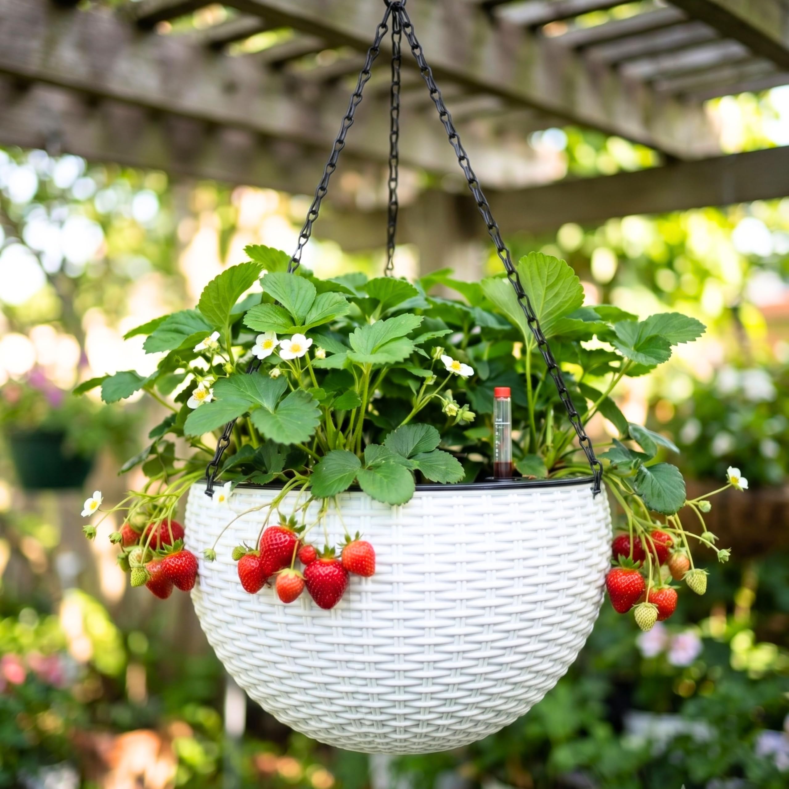 LaLaGreen Self-Watering Hanging Planter, Round Rattan Style Flower Pot with Water Level Indicator and Metal Chain for Indoor and Outdoor Plants (White, 3)