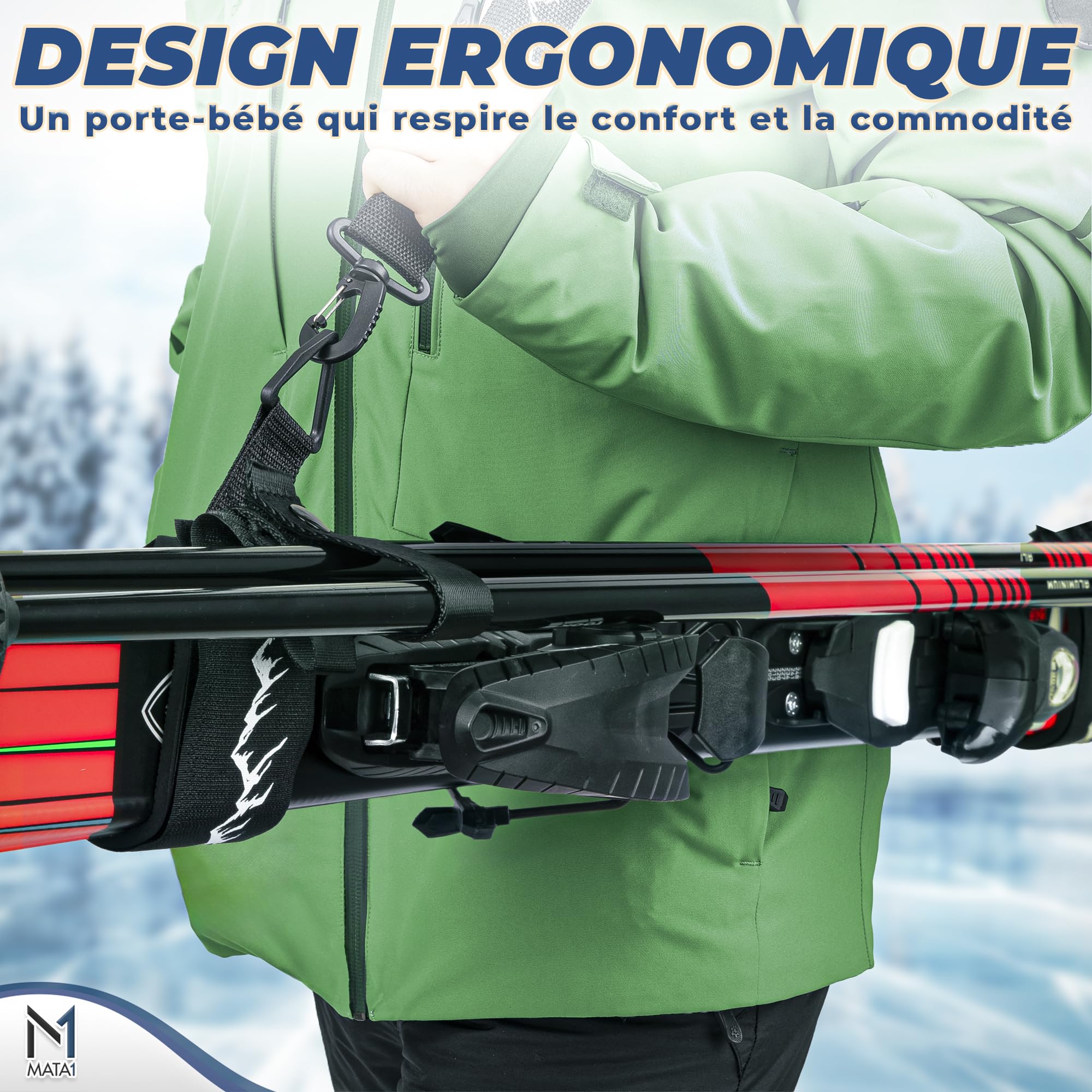 Sangle de Ski Porte-bâtons Noir Bandoulière réglable Transport Skis Bâtons