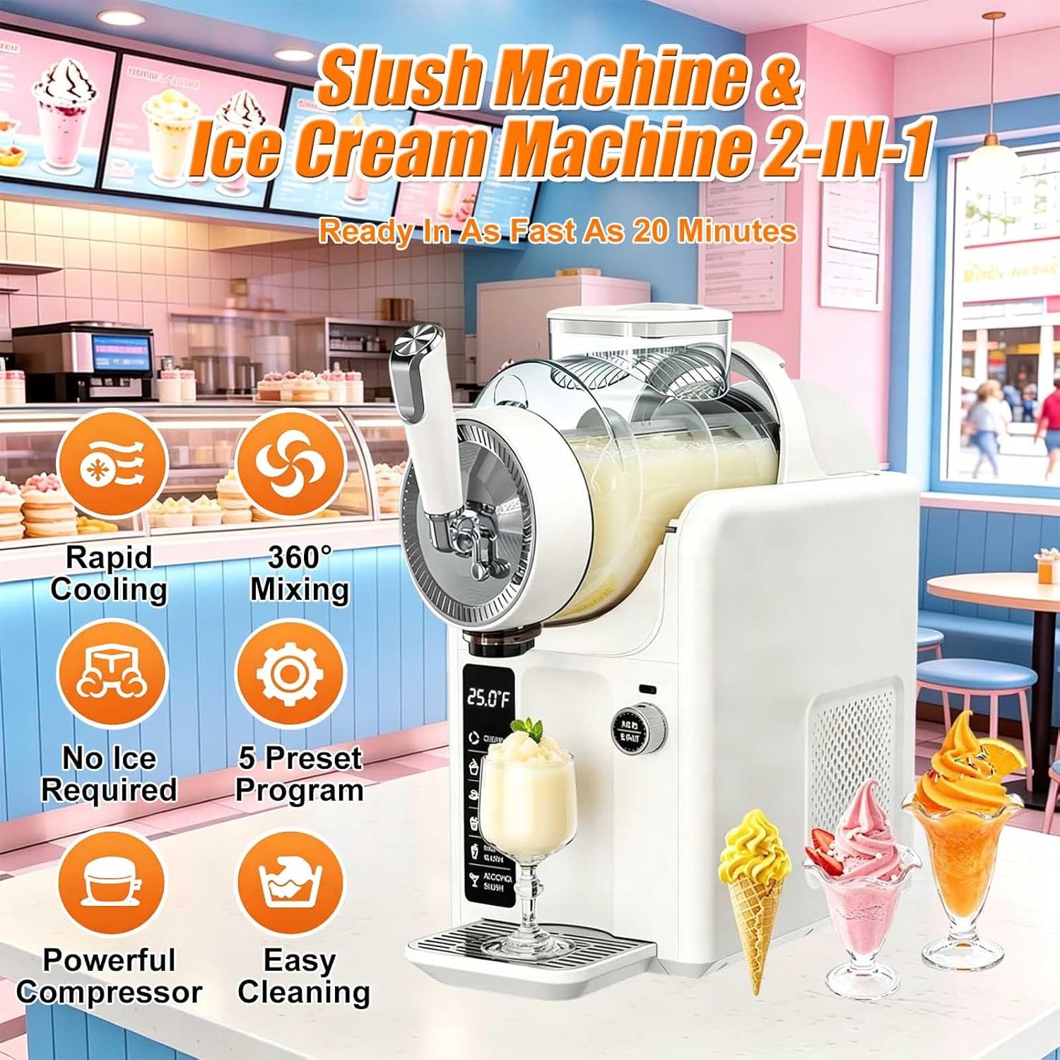 Soft Serve Ice Cream Machine,Ice Cream Machine & Slush Machine With 5 Programs: Soft Serve, Slushie, Frappé And More,2l Capacity,Automatic Cleaning,No Ice Required,With Digital Recipe Book white