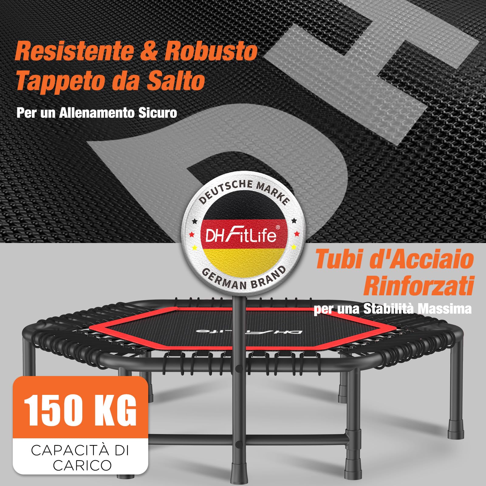 DH FitLife Fitness Trampolino Indoor | Ø 114 cm 45 Pollici Mini Trampolino per Cross Jumping | Portata 150 KG | Manico Regolabile a 3 Livelli | Stabile e Resistente