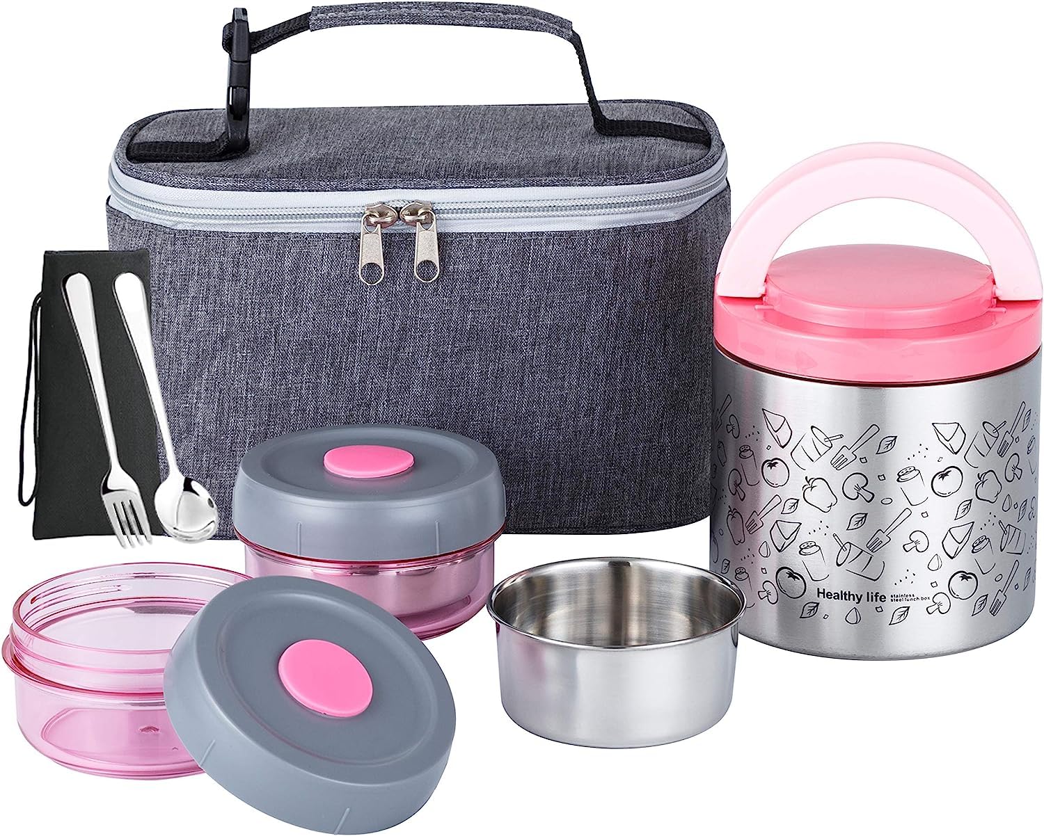 Lille Home Set di box da pranzo bento 1065 ml, bento/​snack box isolato a vuoto mantenendo il cibo caldo, con 2 contenitori, sacca da pranzo, set di posate