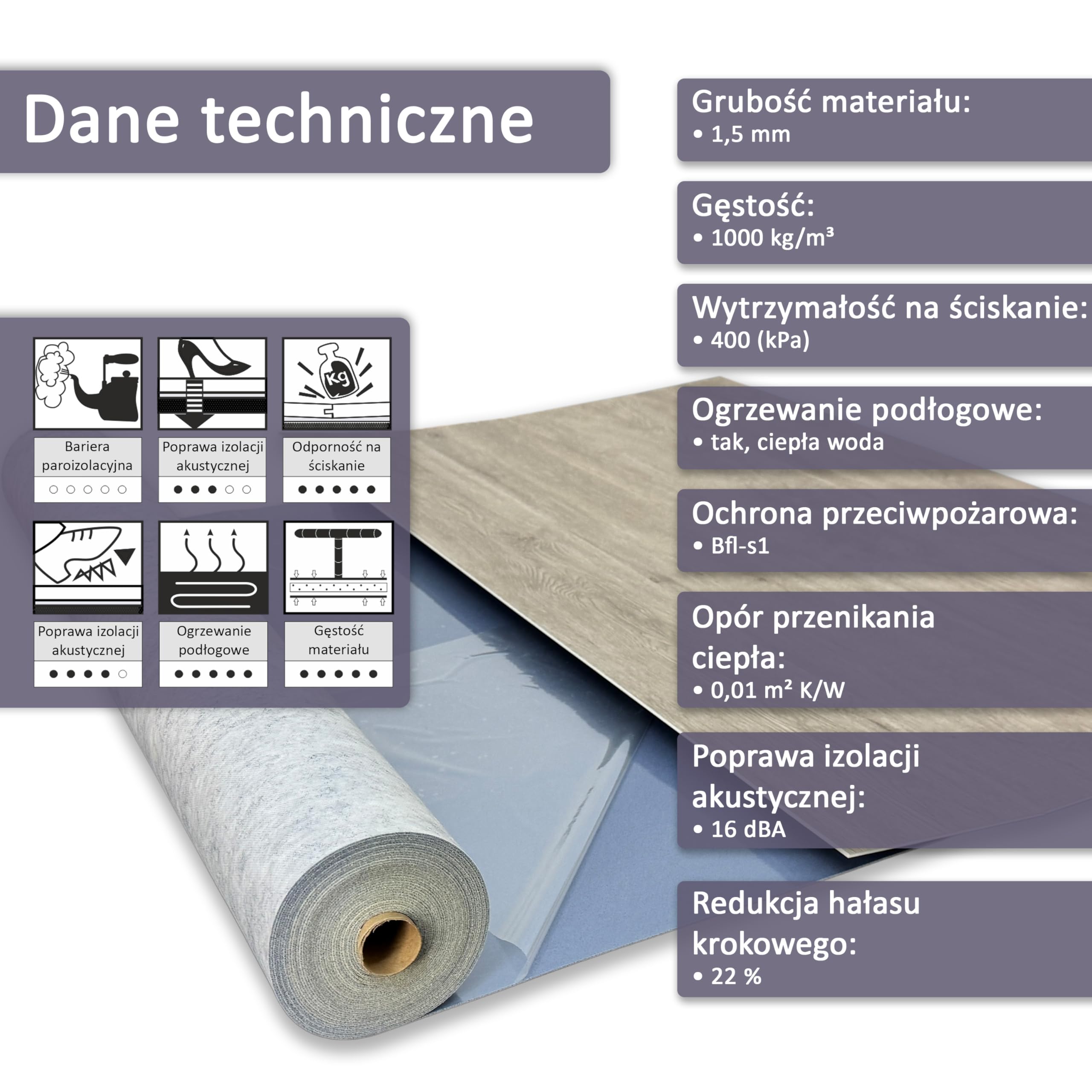Podkładka winylowa "uficell Vinosound FIX0" — grubość: 1,5 mm — gęstość: 500 kg/m³ — samoprzylepna izolacja akustyczna do podłogi winylowej LVT 4-5 mm bez płyty nośnej HDF (50 m²)